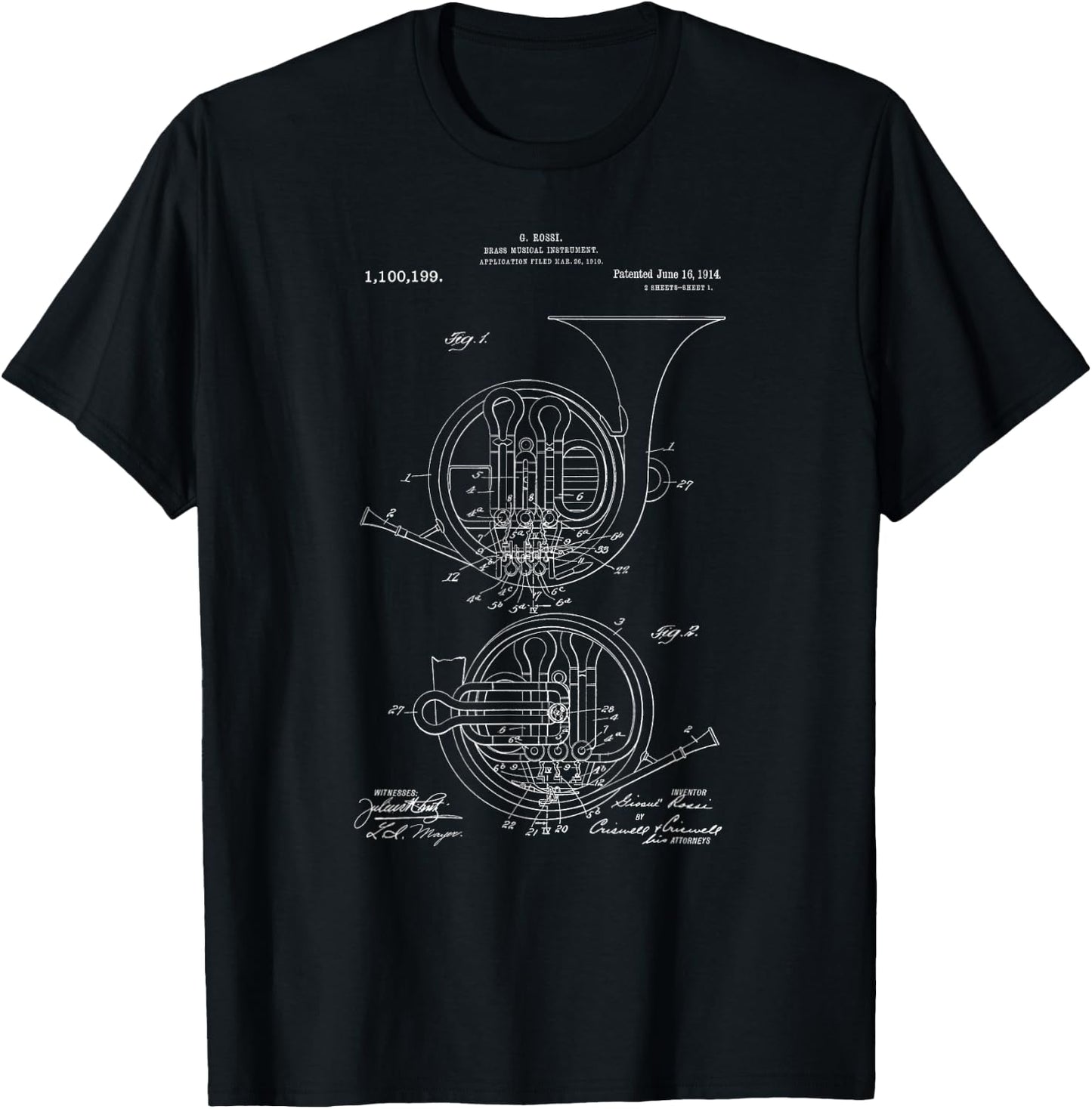 Vintage Patent Print 1914 French Horn Player T-Shirt - T-Shirt | Black