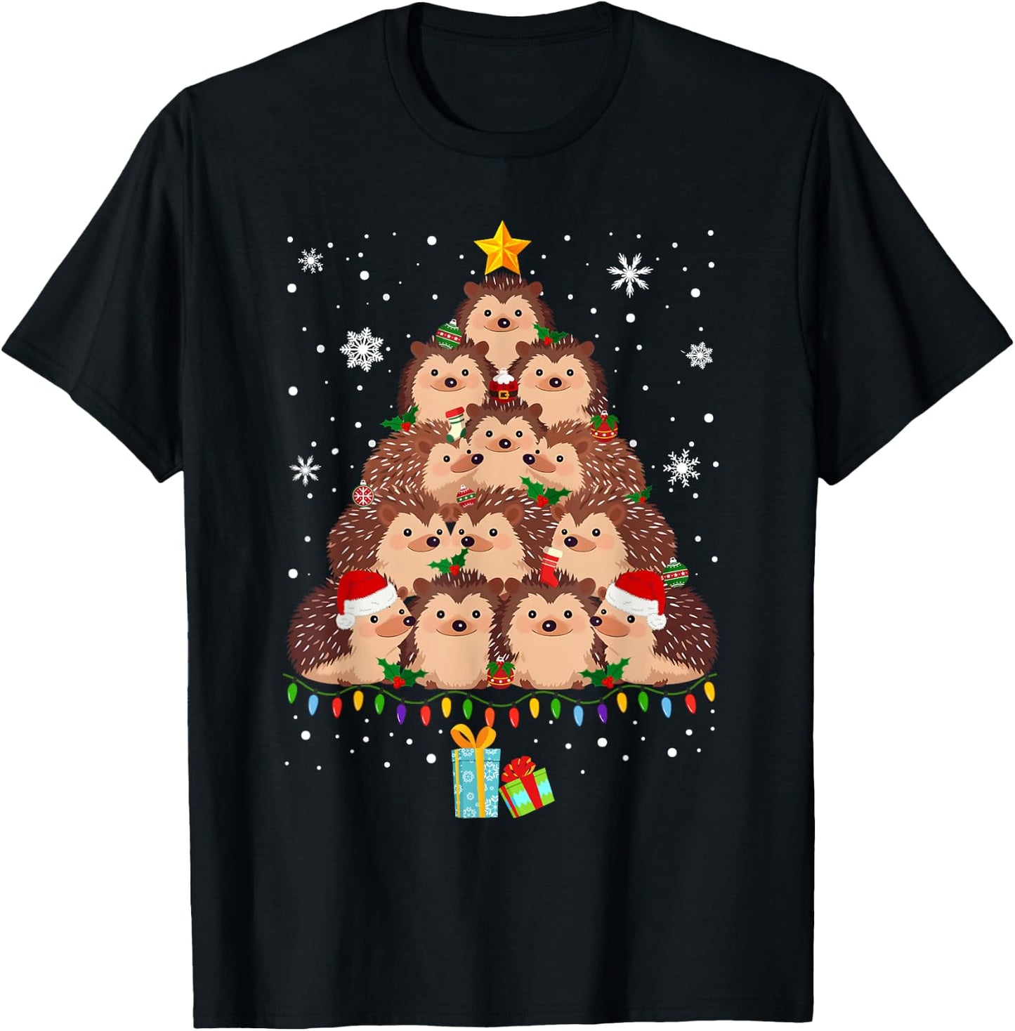 Cute Hedgehog Christmas Tree Funny Pajamas Xmas for Family T-Shirt - T-Shirt | Black