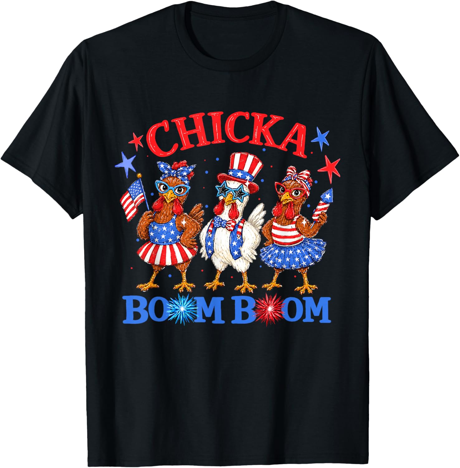 Chicka Boom Boom 4th of July Patriotic Chicken Independence T-Shirt - T-Shirt | Black