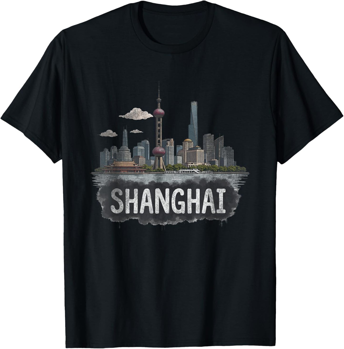 Retro Souvenir Shanghai Landscape , Black, S T-Shirt - T-Shirt | Black
