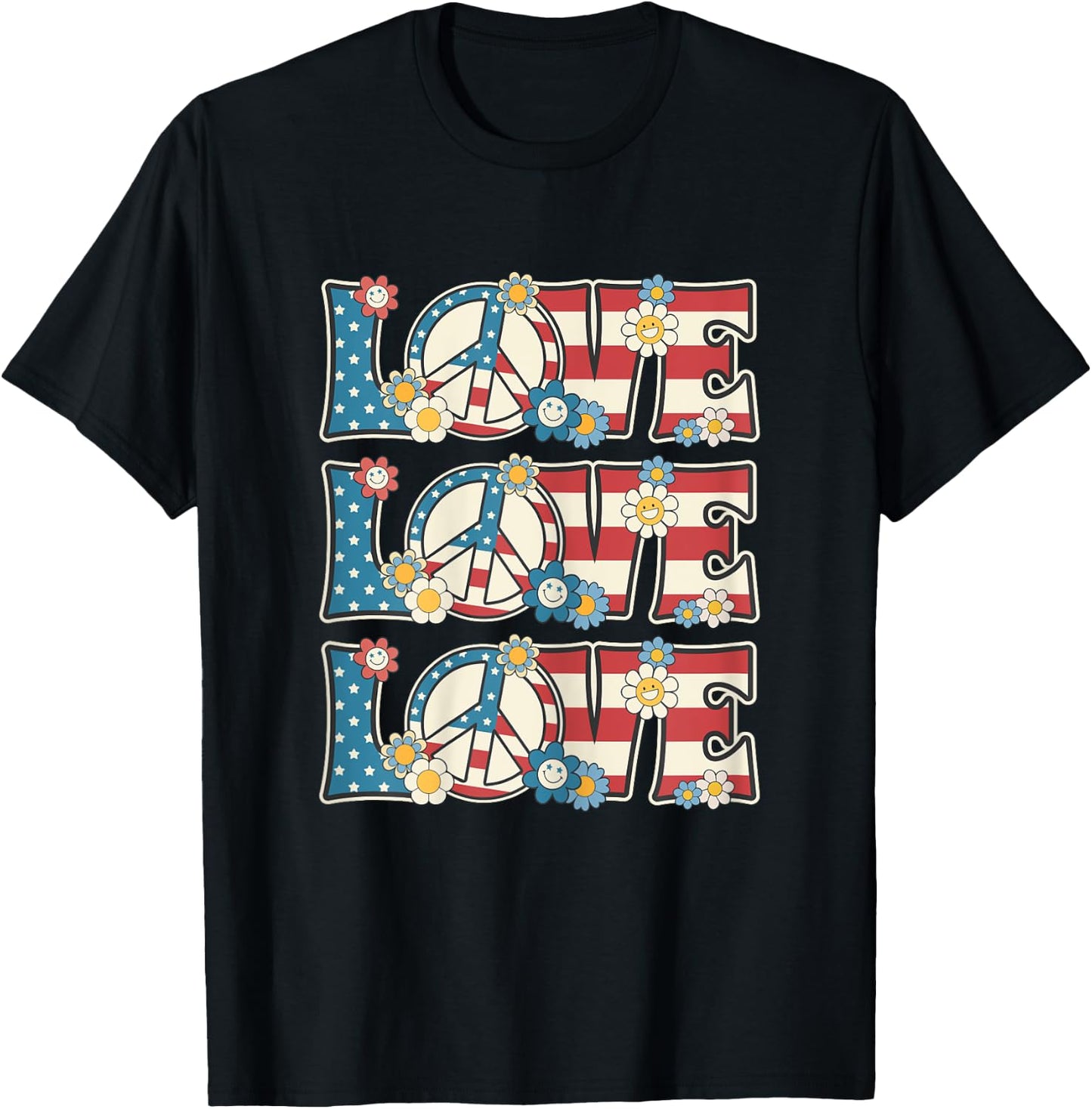 Peace Love Women Girls 60s 70s Hippie Outfit Patriotic Hippy T-Shirt - T-Shirt | Black