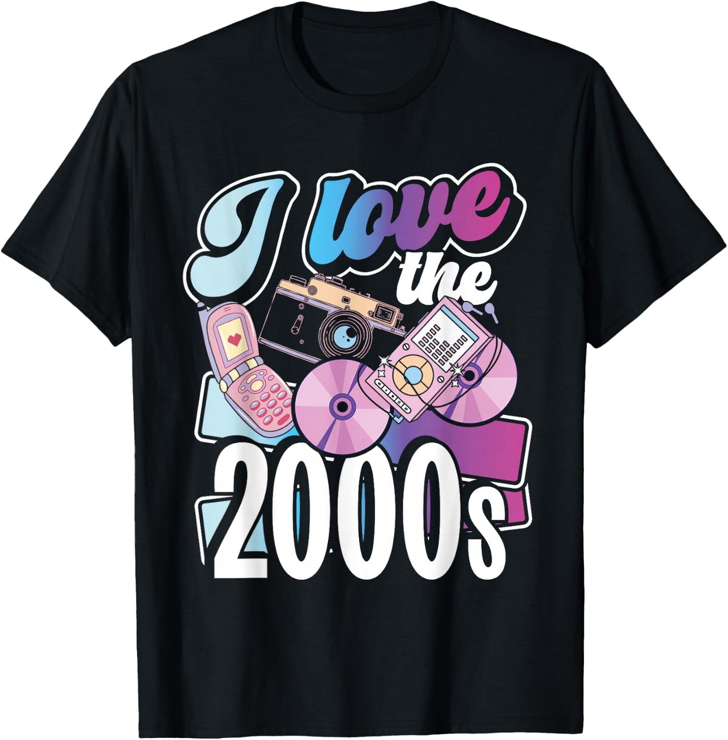 2000er Jahre Flip Phones Und Tech Designs I Love The 2000s Black Small -Adults Regular Fit Short Sleeve Cotton 60% Polyester 40% Novelty Retro 2000s Nostalgia T-Shirt - T-Shirt | Black