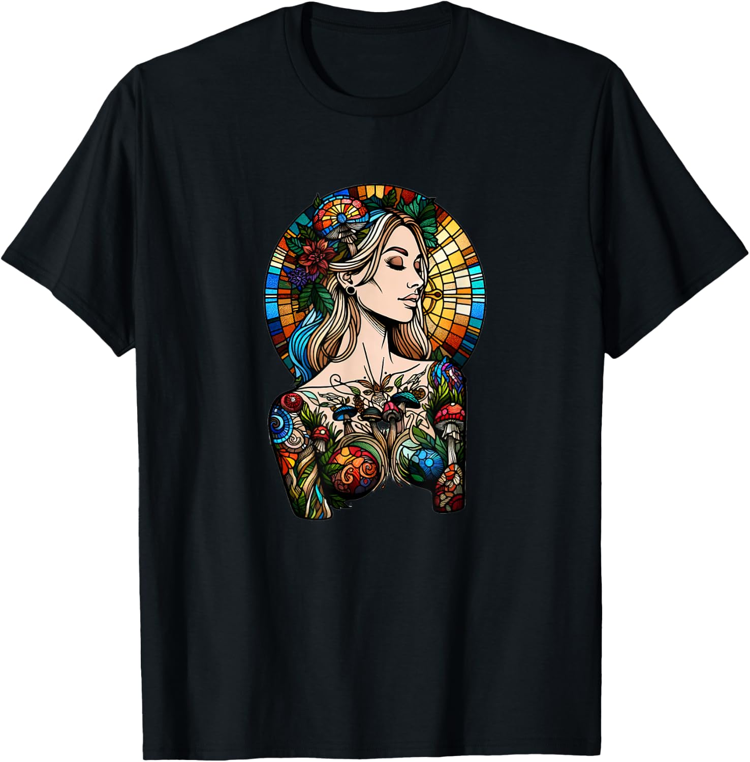 Stained Glass Forest Woman - Tiffany Inspired T-Shirt - T-Shirt | Black