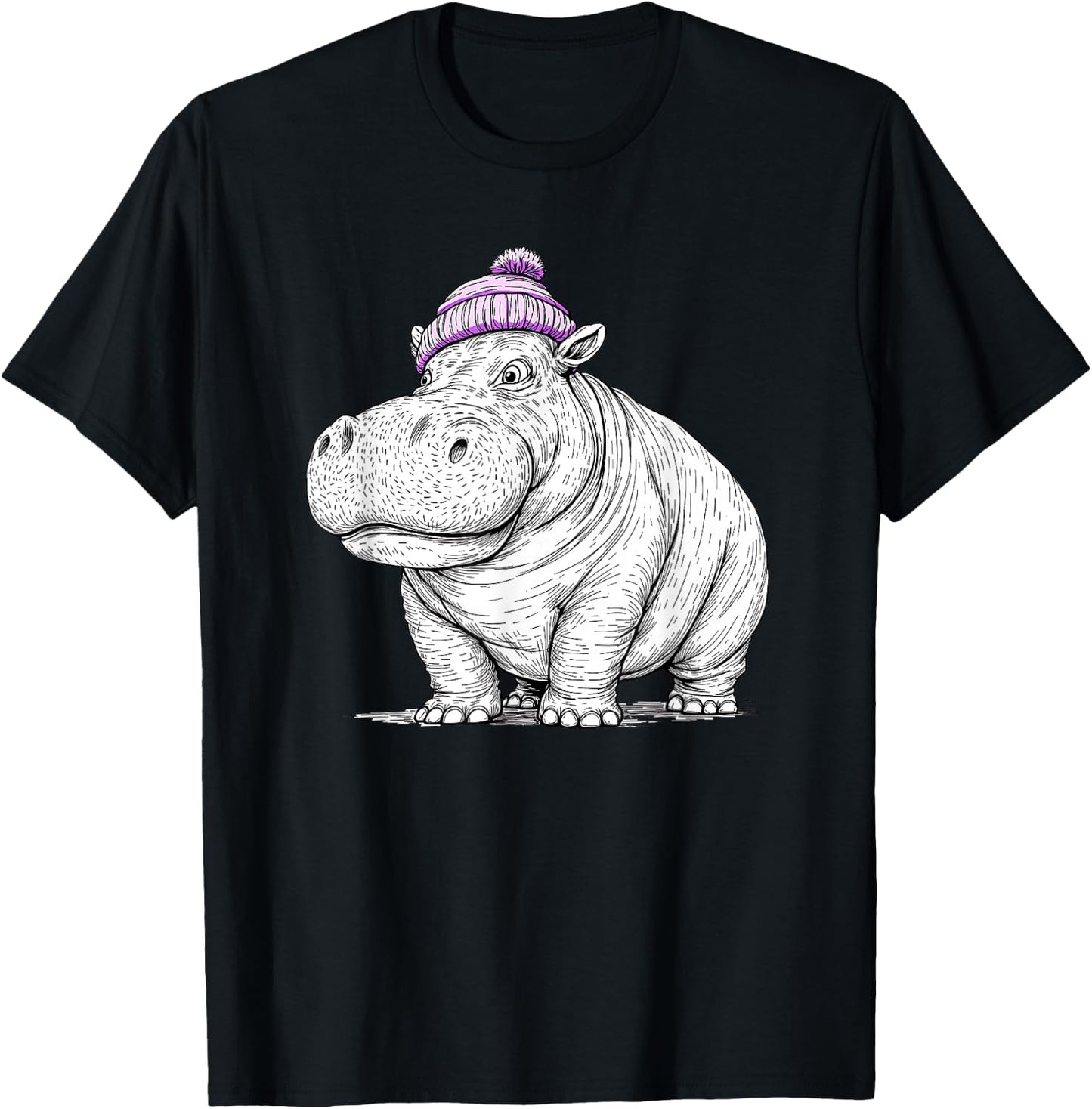 Hippo Wearing a Beanie Stocking Hat Cute Animal Design T-Shirt - T-Shirt | Black