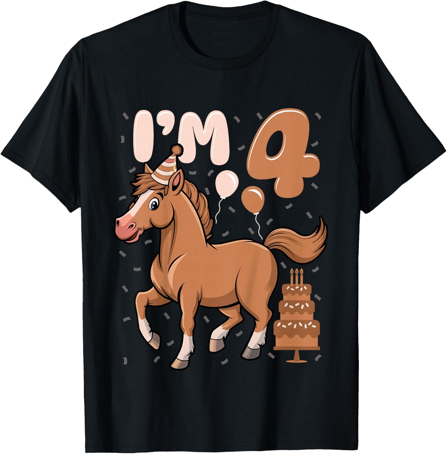 Kids I'm 4 Cute Horse Kids Four Years Old 4th Birthday Party T-Shirt - T-Shirt | Black