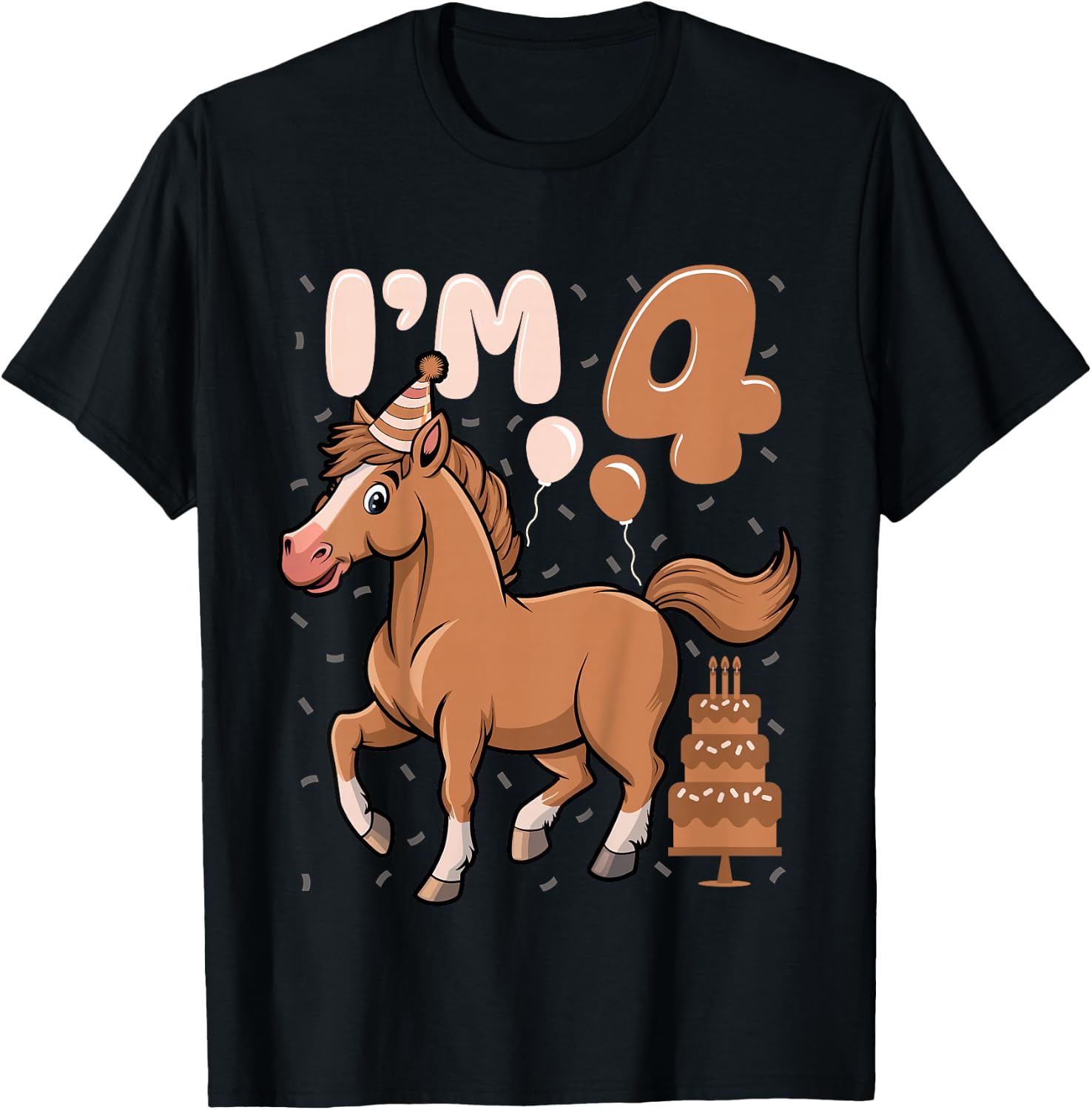 Kids I'm 4 Cute Horse Kids Four Years Old 4th Birthday Party T-Shirt - T-Shirt | Black