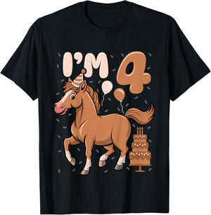 Kids I'm 4 Cute Horse Kids Four Years Old 4th Birthday Party T-Shirt - T-Shirt | Black