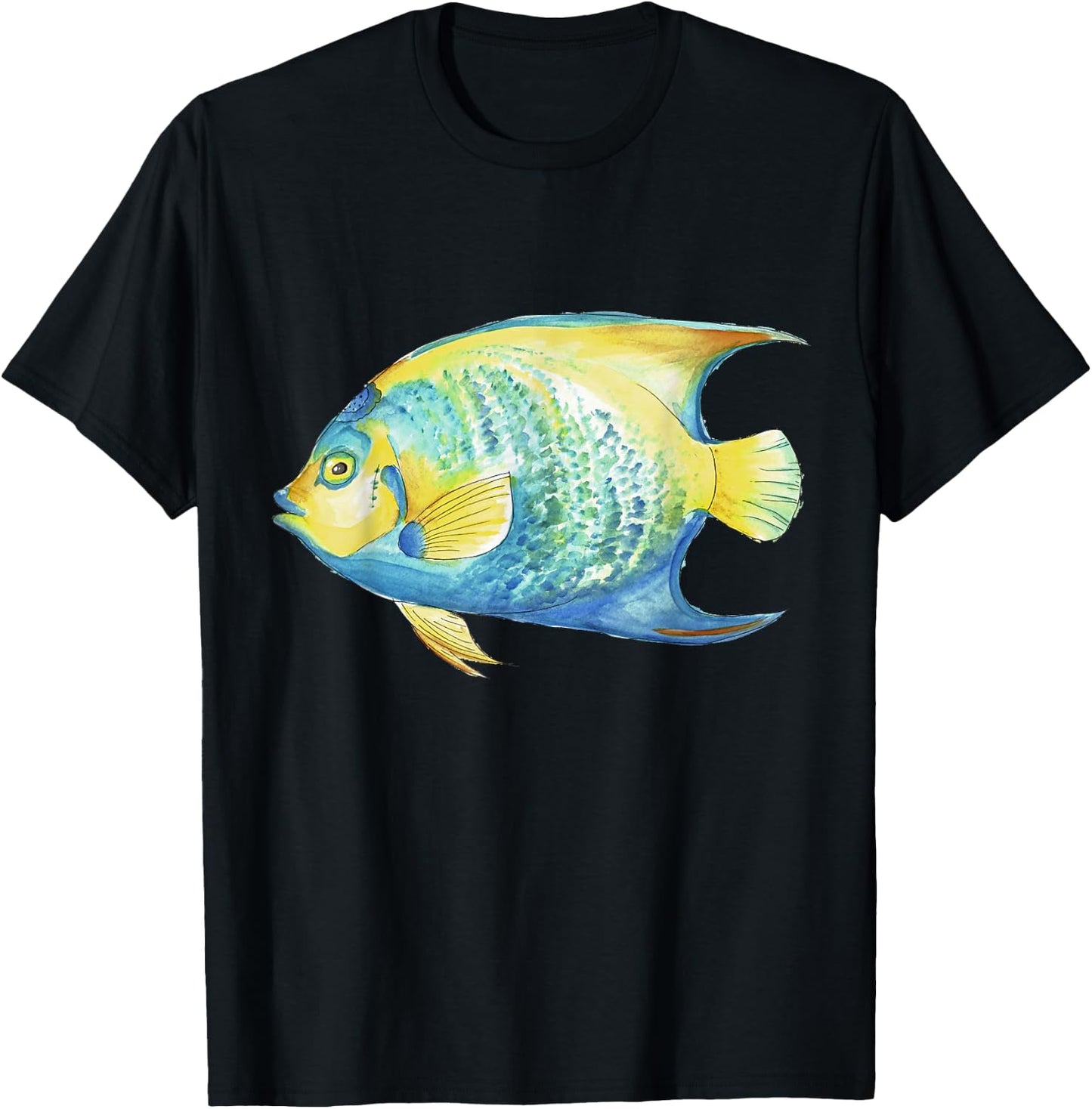 Tropical Blue Queen Angelfish Aquarium Watercolor T-Shirt - T-Shirt | Black