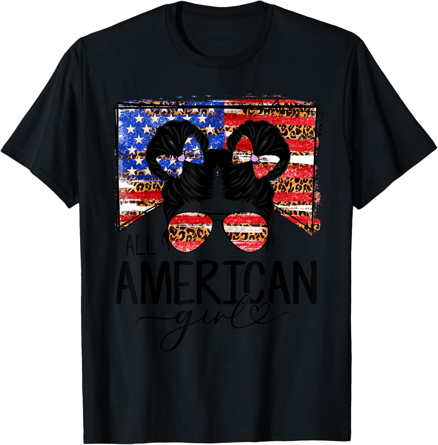 All American Girls 4th of July Messy Bun Leopard Patriotic T-Shirt - T-Shirt | Black