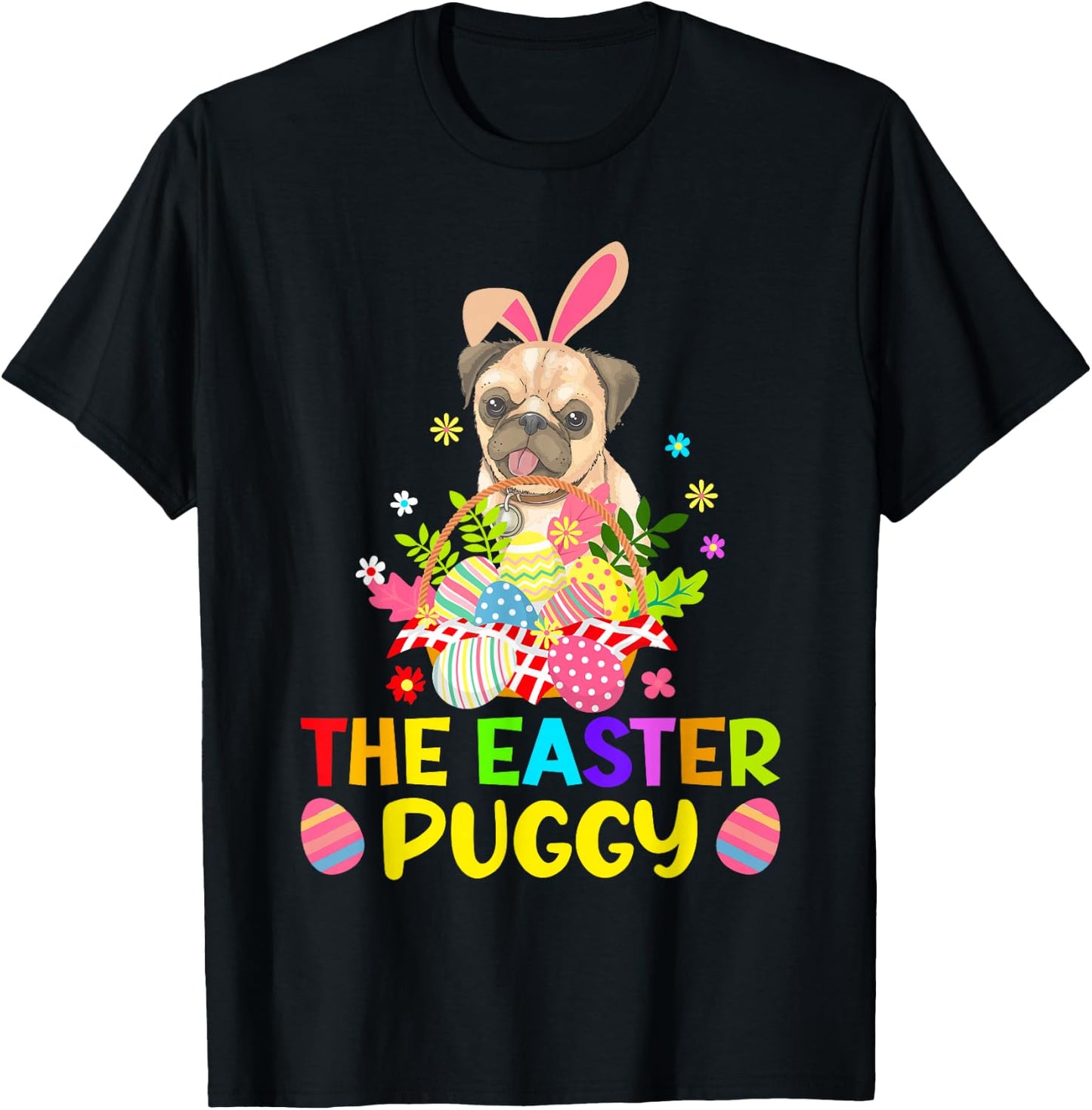 Funny Easter Pug Bunny Ear Eggs Basket Dogs Kids T-Shirt - T-Shirt | Black