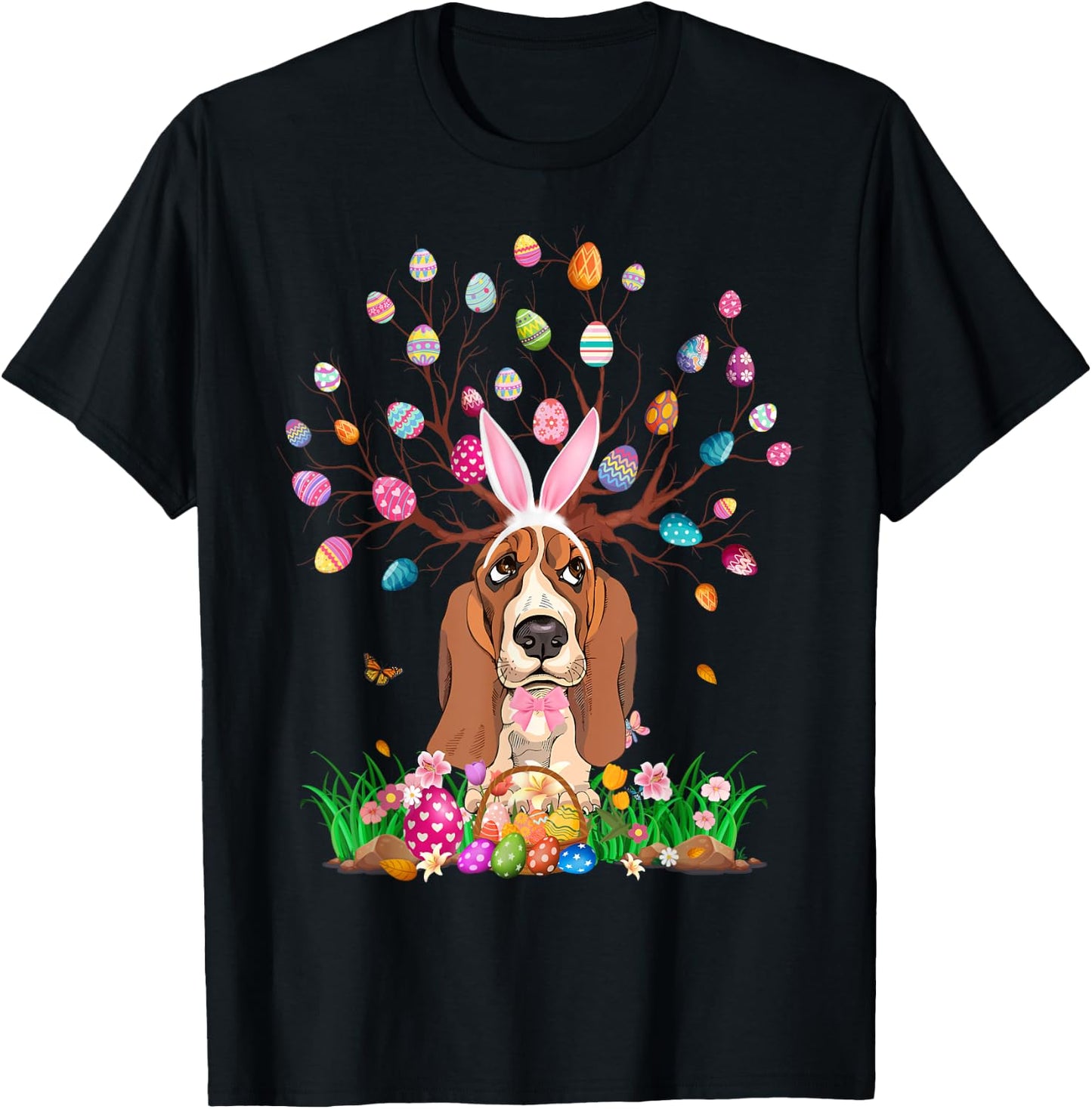 Basset Hound Dog With Bunny Ears Easter Egg Tree Easter Day T-Shirt - T-Shirt | Black