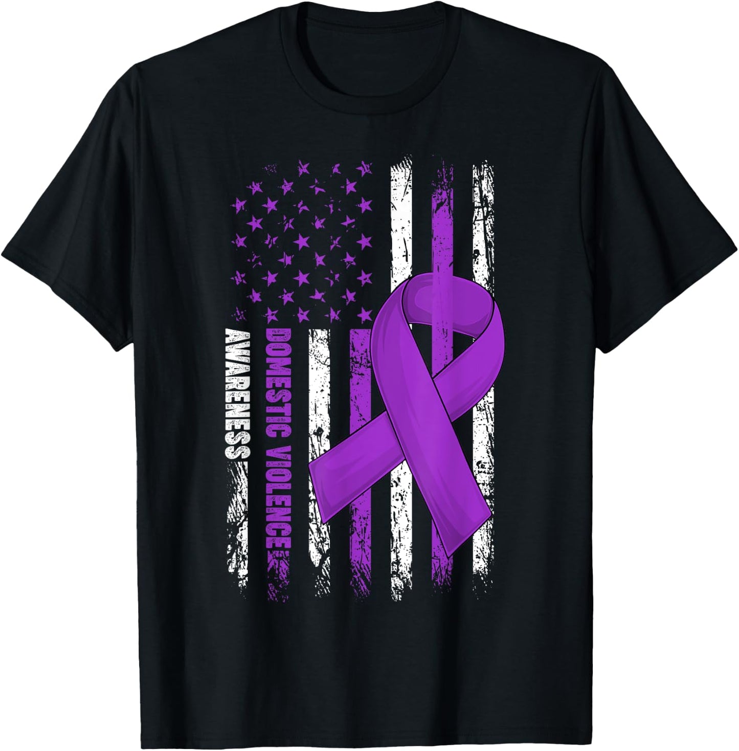 Domestic Violence Awareness Survivor Purple Ribbon USA Flag T-Shirt - T-Shirt | Black