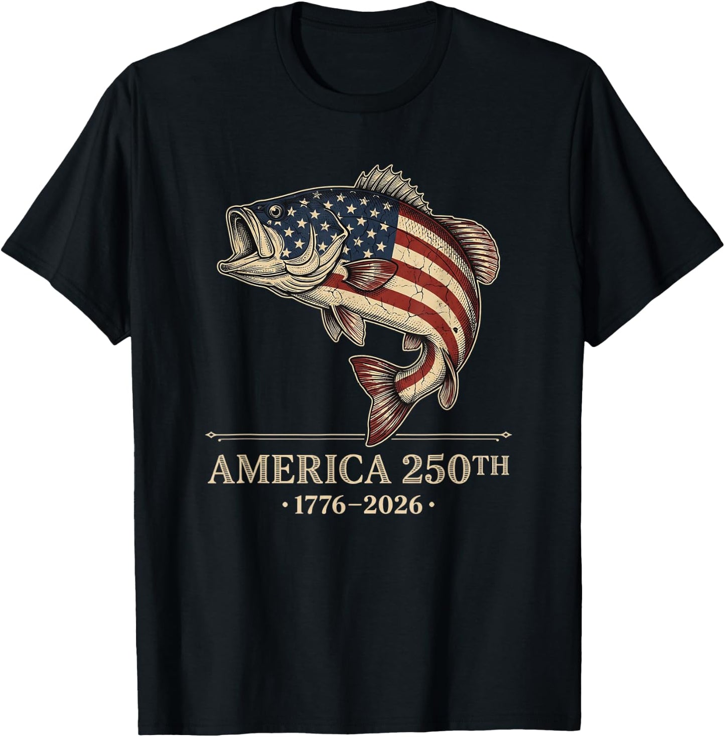 250 America Years 1776 2026 Fishing USA Flag 250th Birthday T-Shirt - T-Shirt | Black
