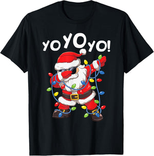 Dabbing Santa In Hat Garland Yo Yo Yo Funny Christmas T-Shirt - T-Shirt | Black