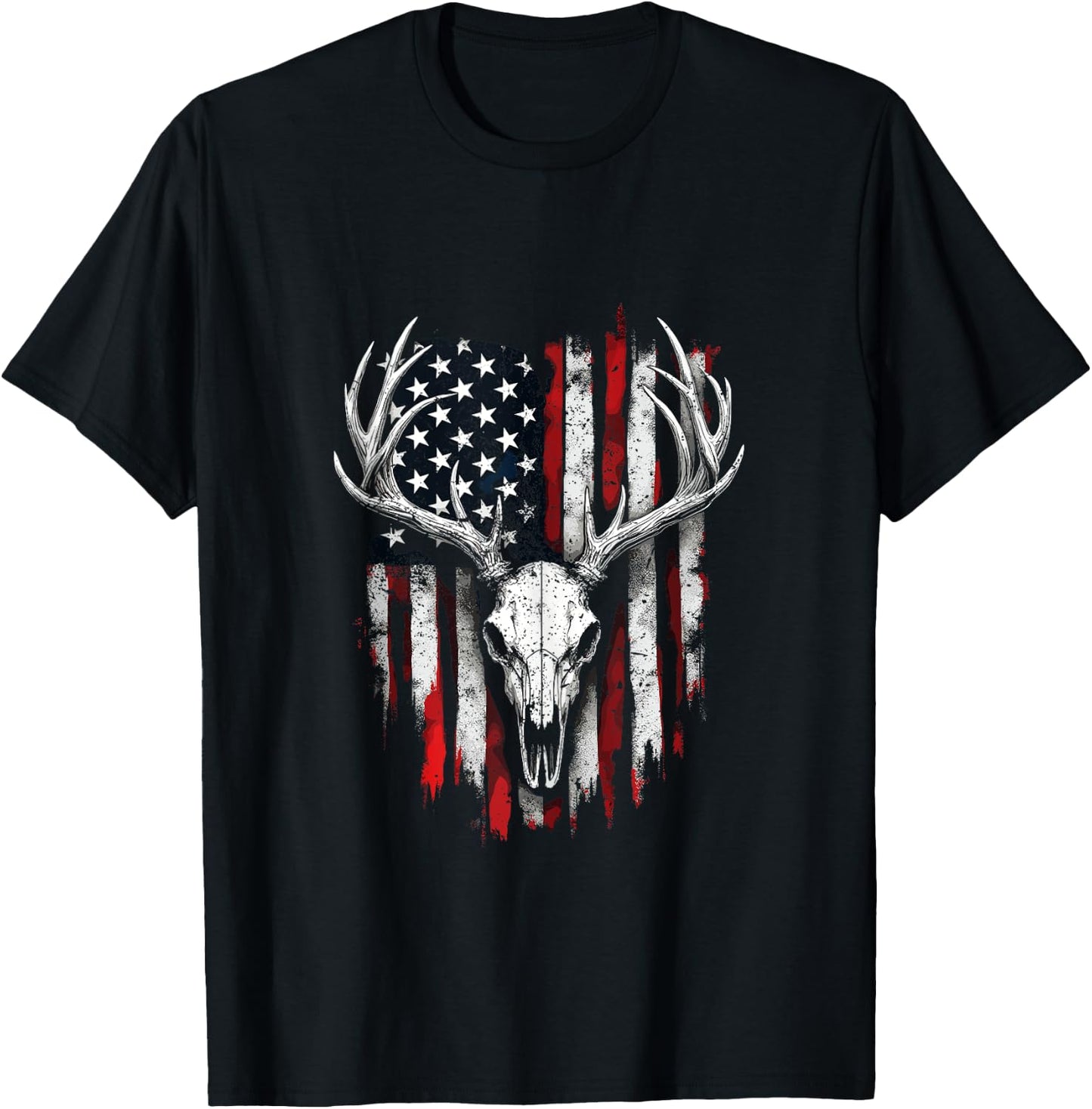 American Flag Vintage Deer Hunting Camouflage Deer Skull T-Shirt - T-Shirt | Black