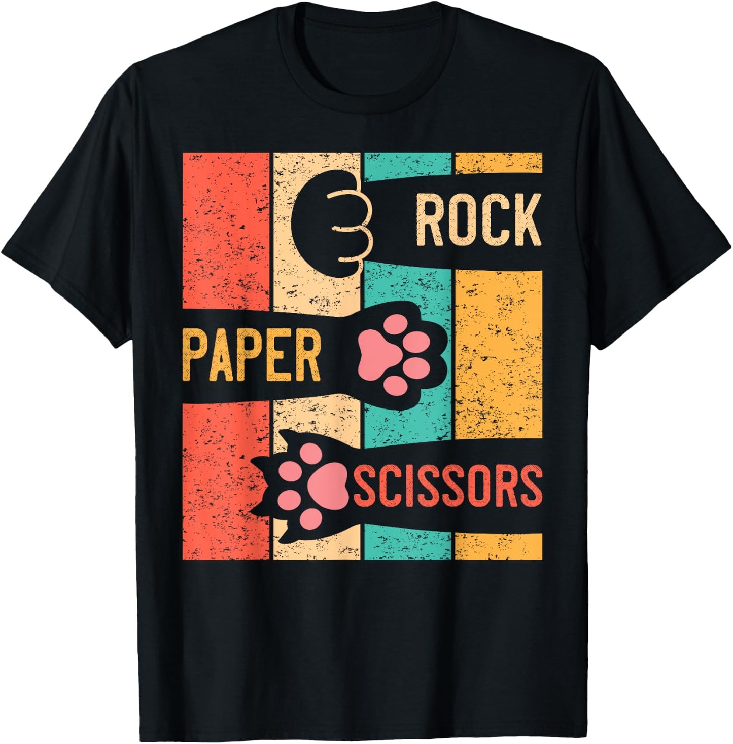 Cute Cat Paw Rock Paper Scissors Hand Game Vintage Men Women Girls Kids T-Shirt - T-Shirt | Black
