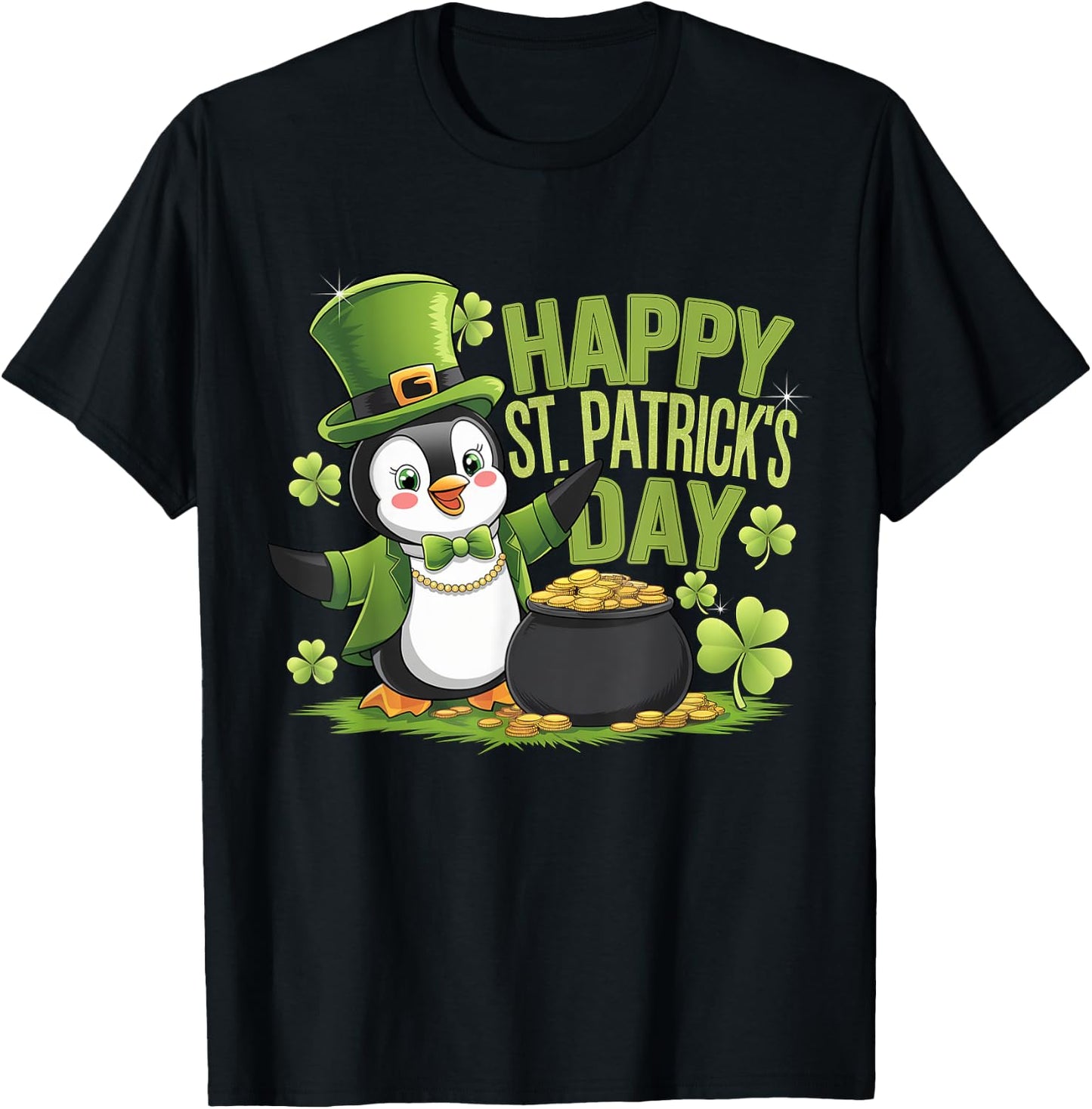 Happy St Patrick's Day Penguin with Pot of Gold T-Shirt - T-Shirt | Black