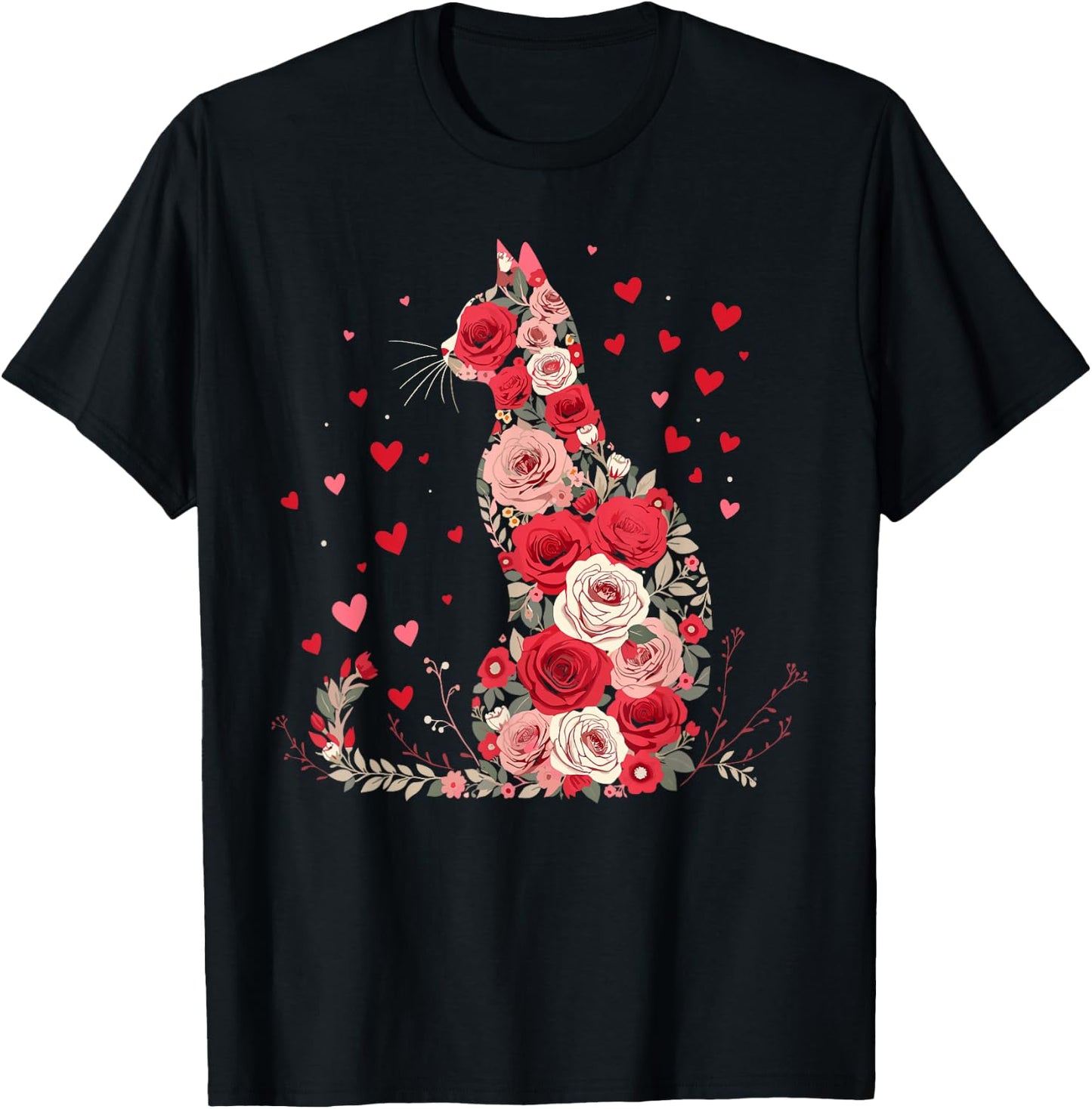 Cute Flower Cat Owners Artwork with Hearts and Roses T-Shirt - T-Shirt | Black