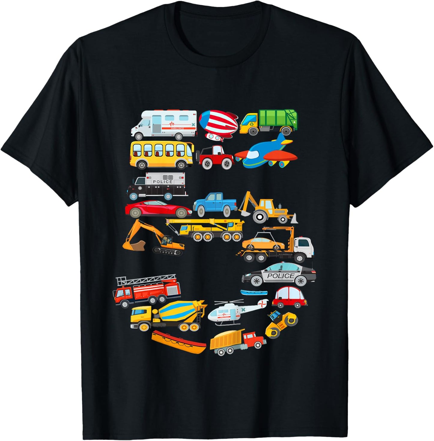 Kids 5th Birthday For Boys Cars Vehicles ,Fire Truck, Airplane T-Shirt - T-Shirt | Black