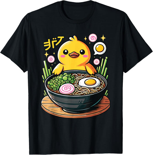 Kawaii Cute Duck Eating Ramen Noodles T-Shirt - T-Shirt | Black