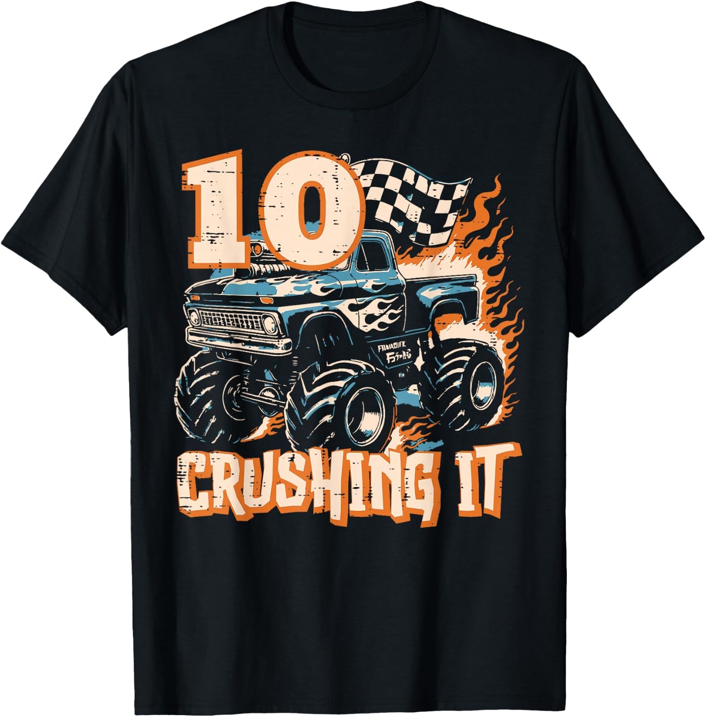 10 Crushing It Monster Truck 10th Birthday Bday Boys Kids T-Shirt - T-Shirt | Black
