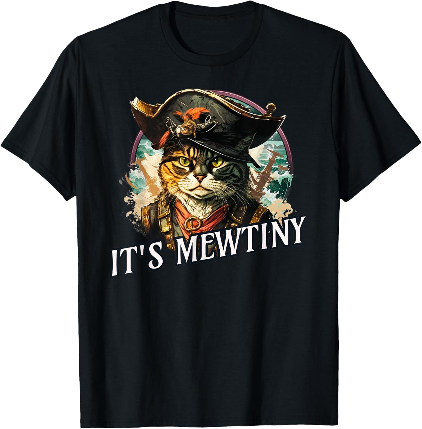 Funny It's Mewtiny Pirate Cat Pun T-Shirt - T-Shirt | Black