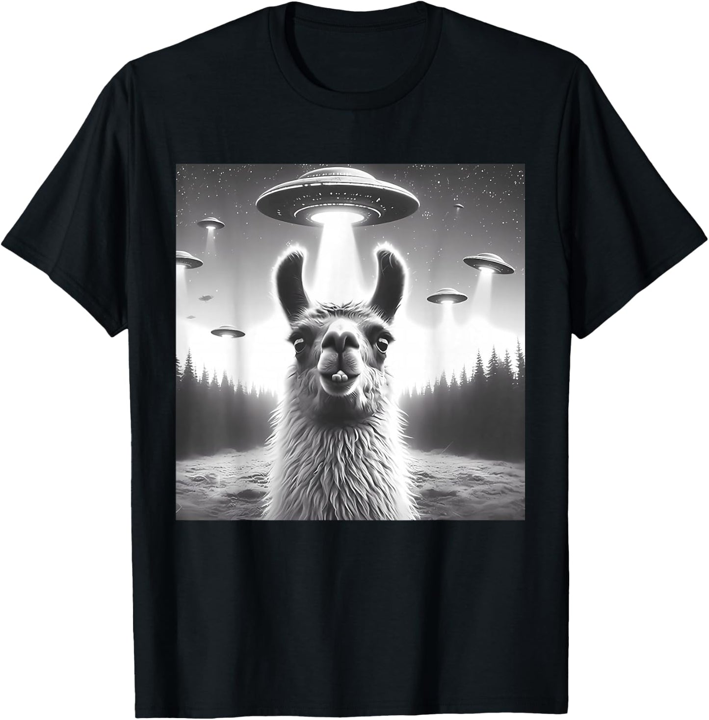 Funny Llama Selfie UFO Alien Alpaca Humor Vintage Print Art T-Shirt - T-Shirt | Black