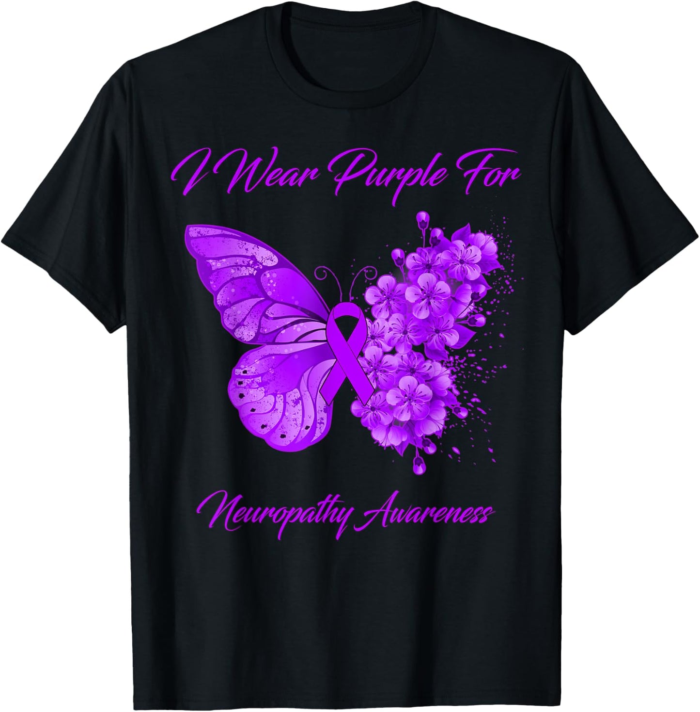 Butterfly I Wear Purple For Neuropathy Awareness T-Shirt - T-Shirt | Black