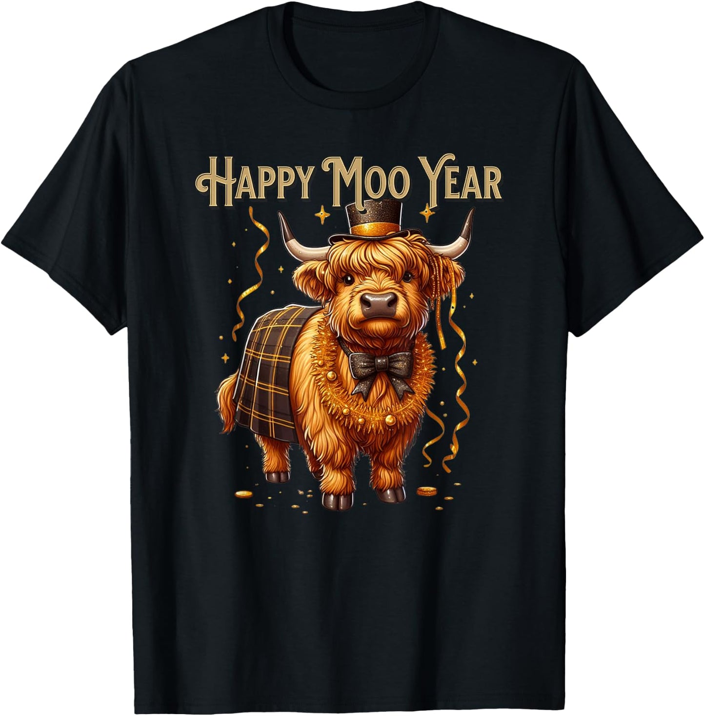 New Year Highland Cow Happy Year Moo Funny Western Cow T-Shirt - T-Shirt | Black
