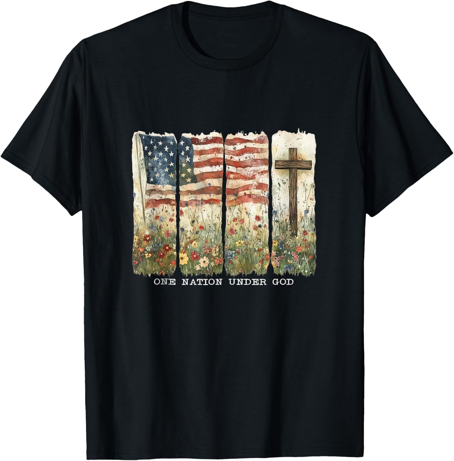 Women One Nation Under God Flag 4th Of July Floral Christian T-Shirt - T-Shirt | Black