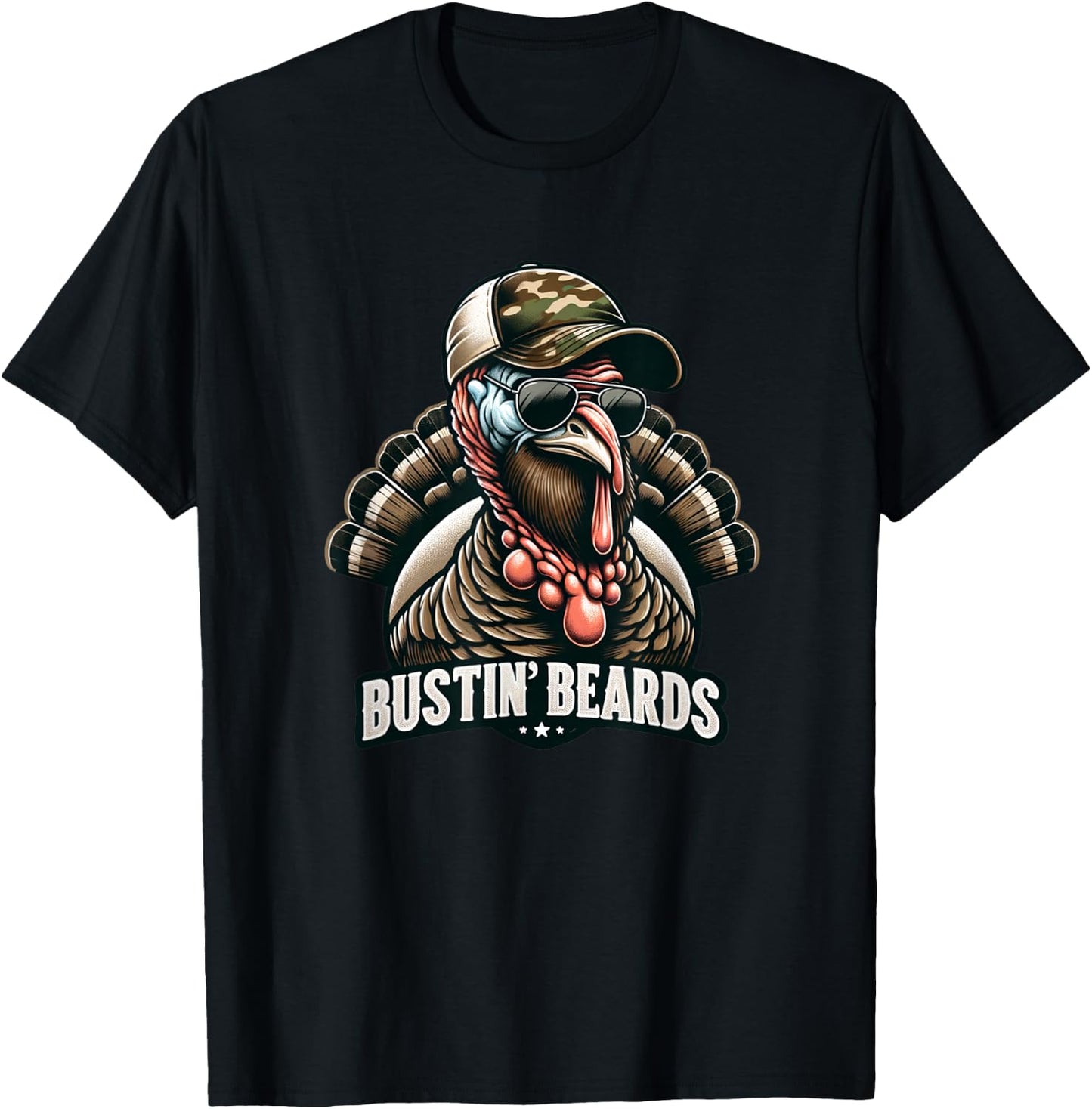 Bustin' Beards Turkey Hunting Tom With Camo Hat & Sunglasses T-Shirt - T-Shirt | Black