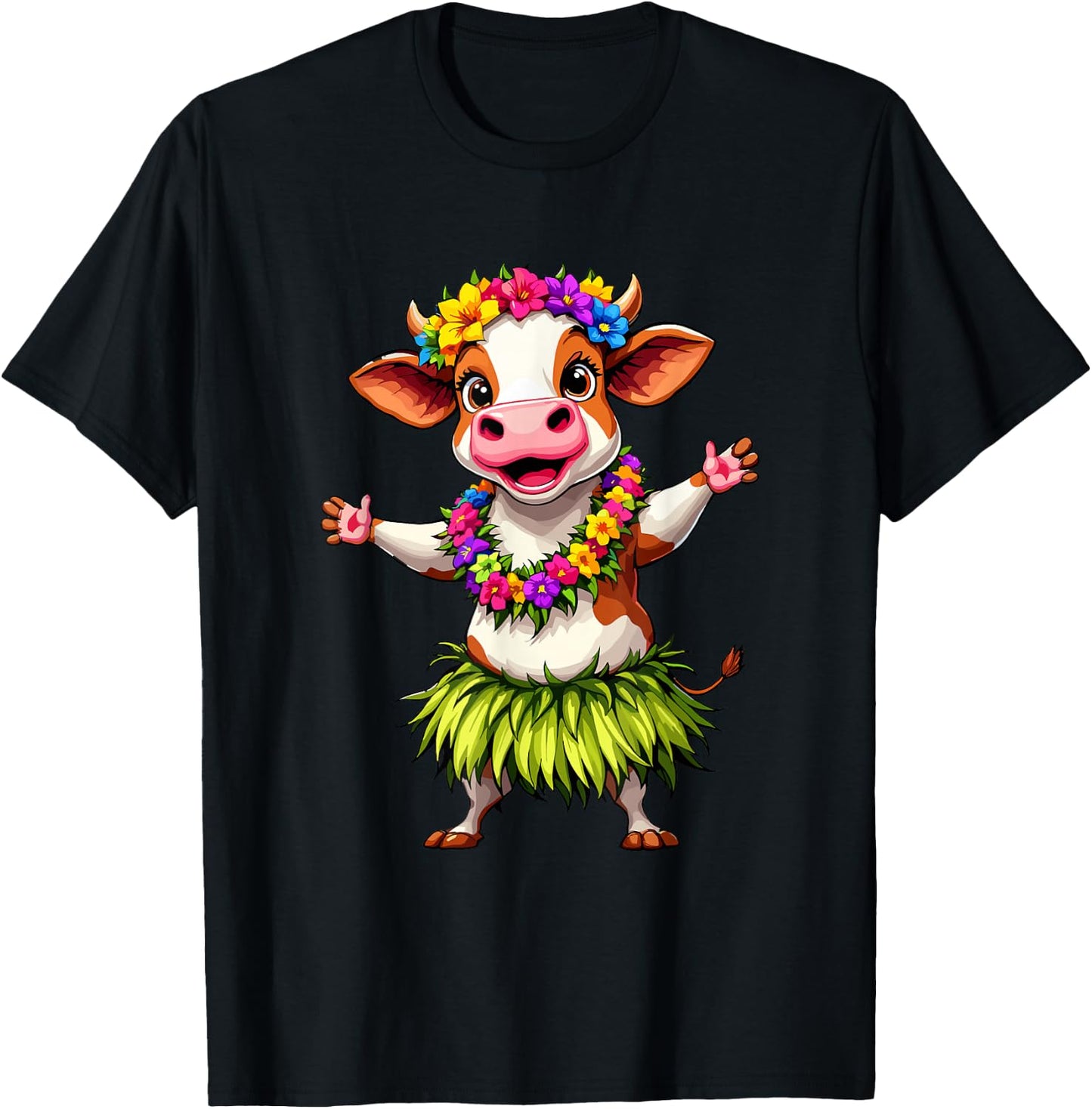 Hawaii Animal Haku Lei Hula Dance Aloha Cow T-Shirt - T-Shirt | Black
