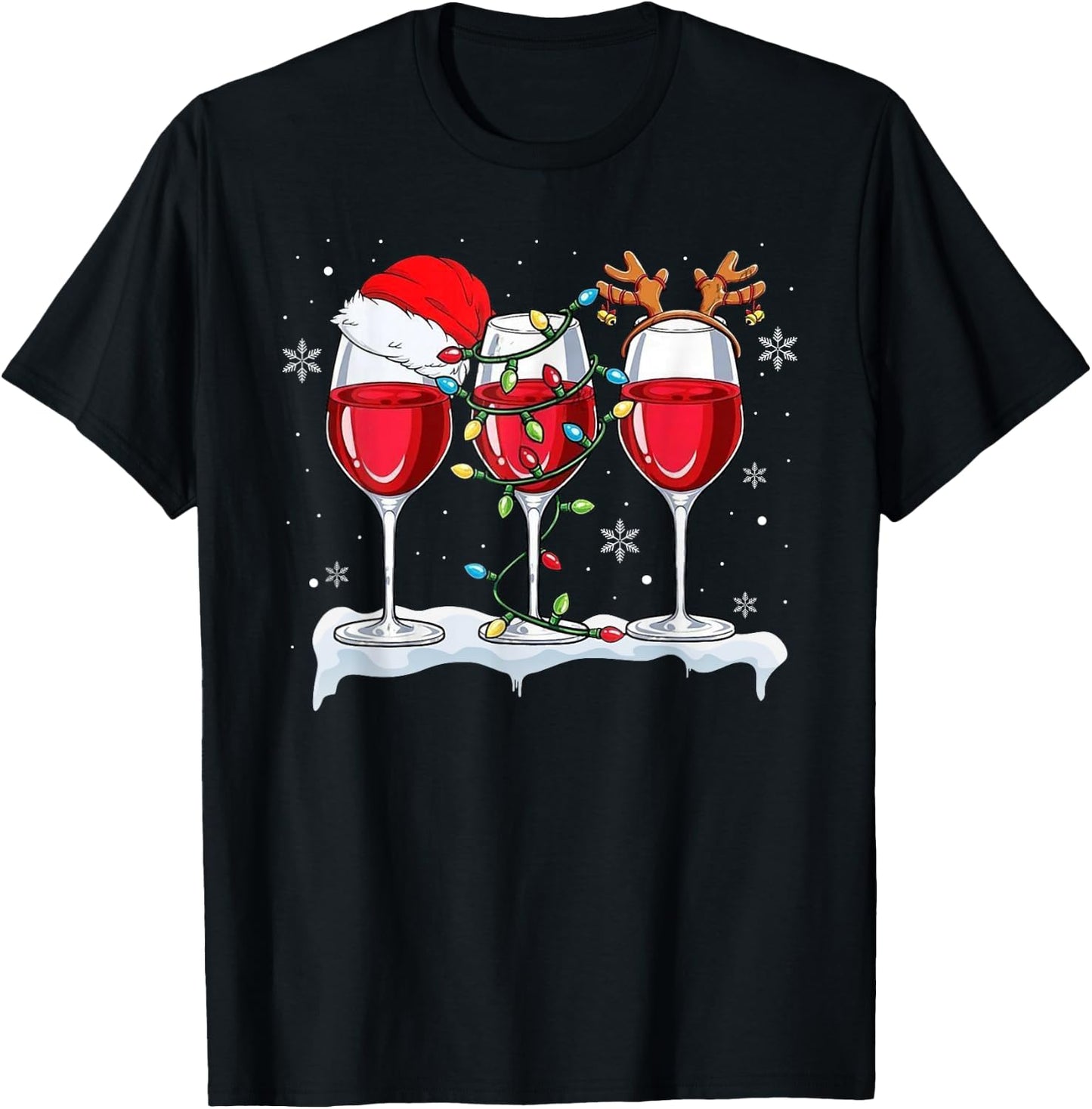 Three Wine Glasses Santa Hat Christmas Cute Wine Lover Xmas T-Shirt - T-Shirt | Black