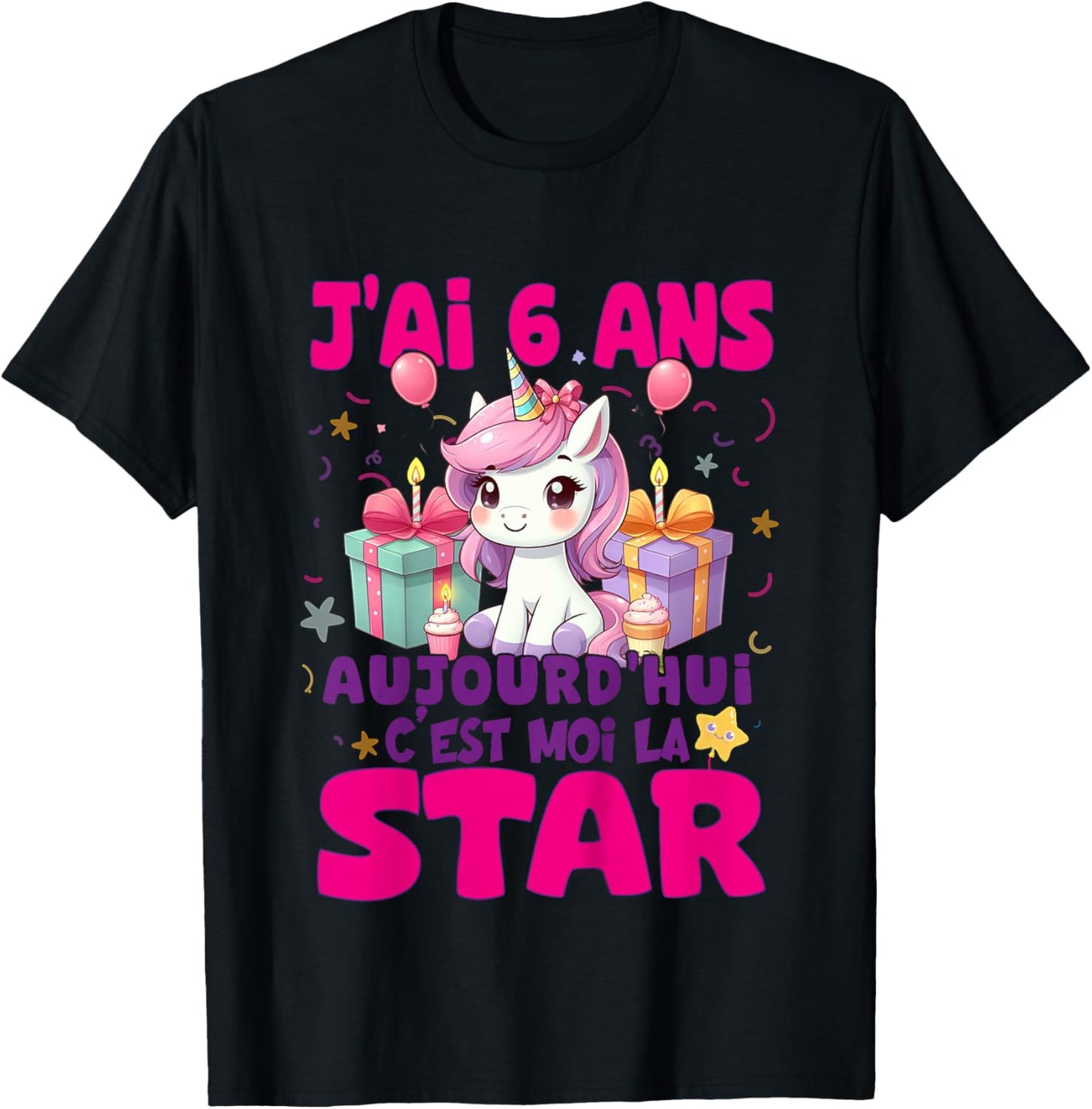 Children's Girl's Birthday 6 Years Unicorn T-Shirt - T-Shirt | Black