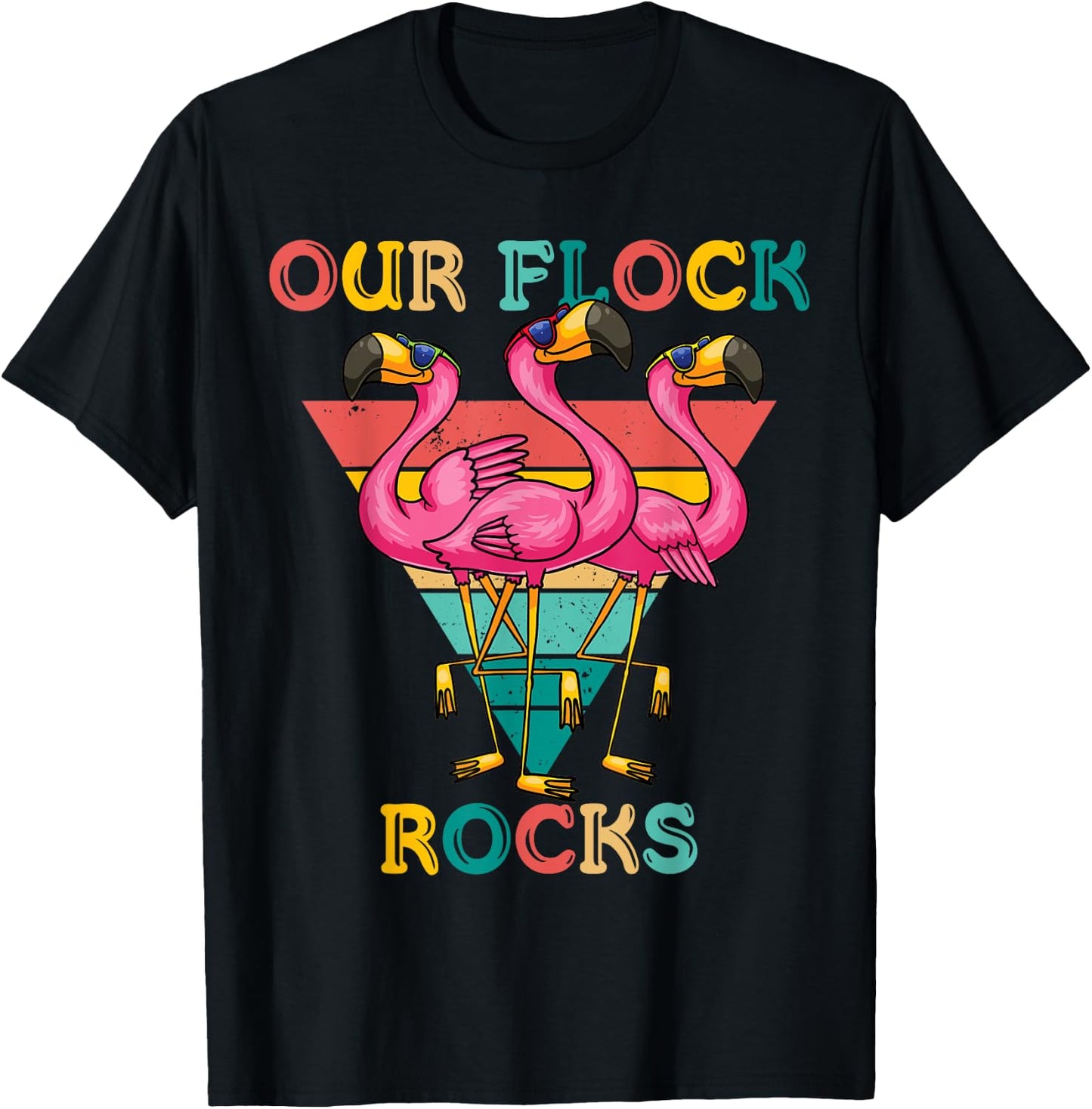 Our Flock Rocks Retro Flamingo Matching Family Vacation T-Shirt - T-Shirt | Black