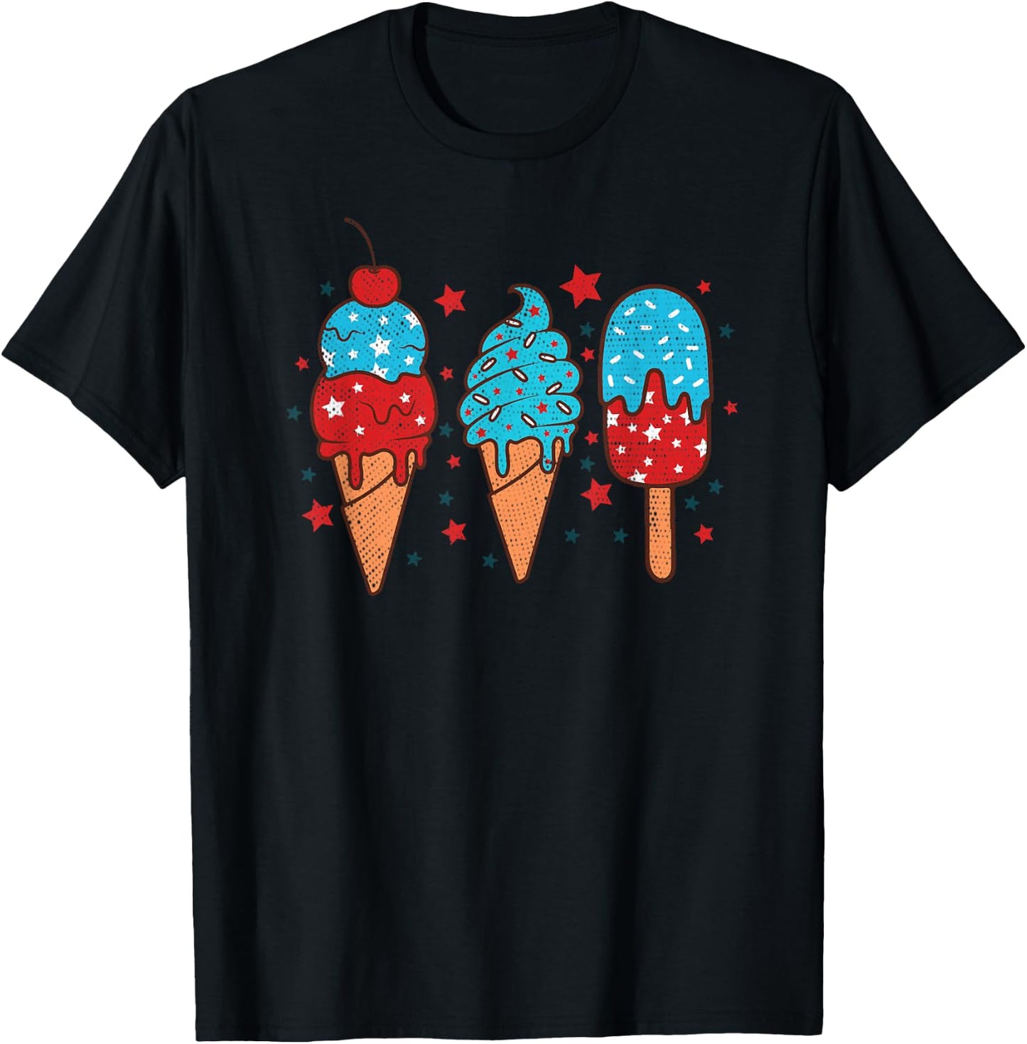 Blue Red White Ice Cream American Flag 4th of July Summer T-Shirt - T-Shirt | Black