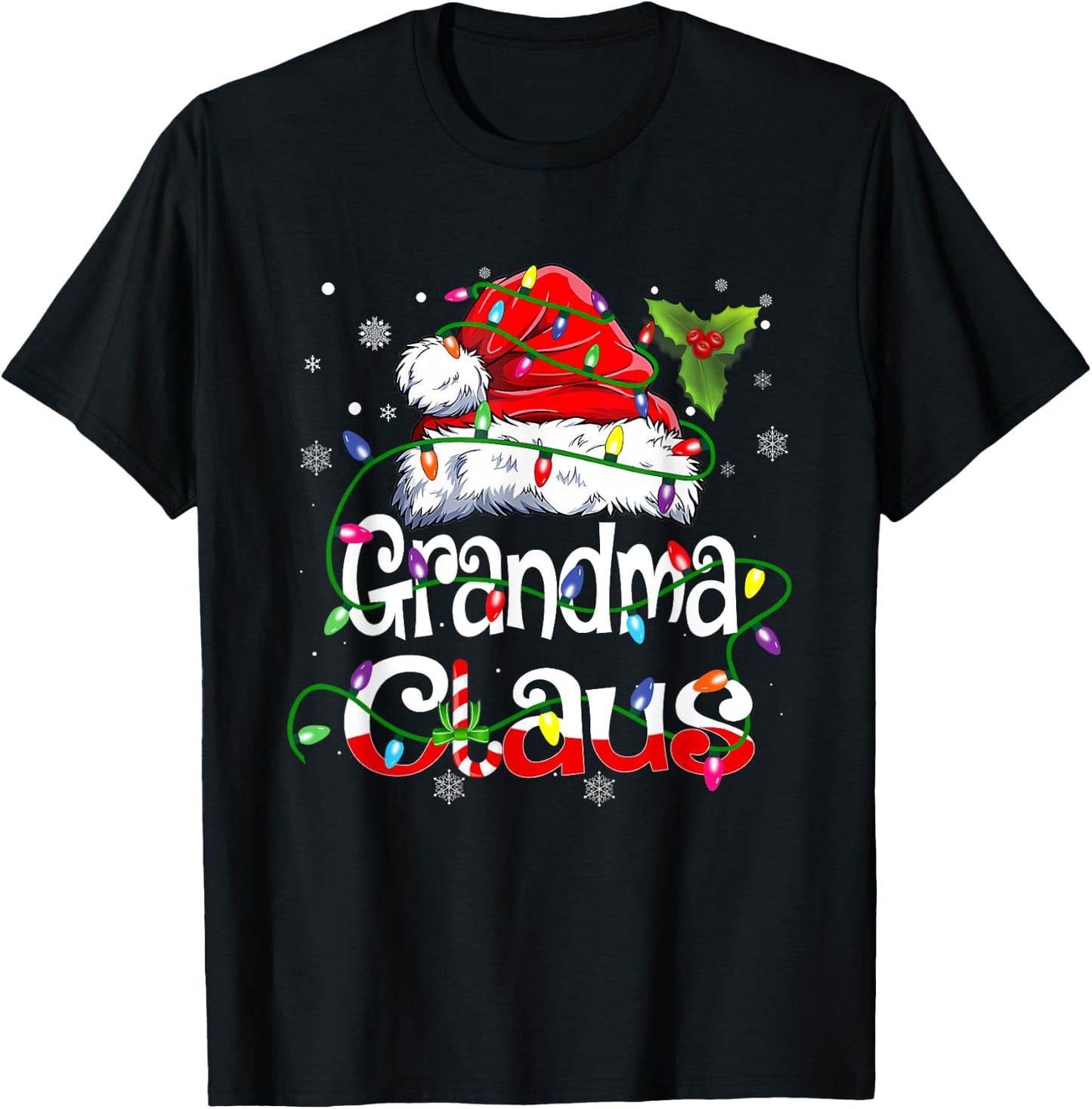 Grandma Claus Shirt Christmas Lights Pajama Family Matching T-Shirt - T-Shirt | Black