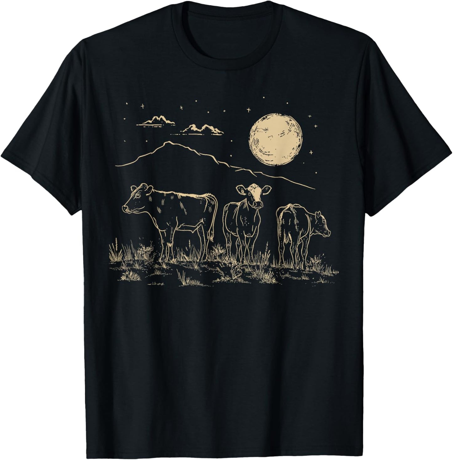 Cows Ranch Pasture Rustic Farm Country Western Steer Art T-Shirt - T-Shirt | Black