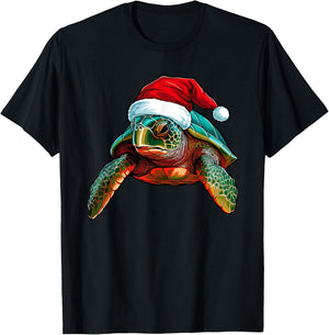Cute Sea Turtle Christmas Santa Hat Xmas Pajama T-Shirt - T-Shirt | Black