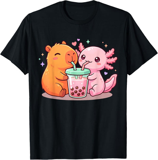 Cute Capybara and Axolotl Bubble Tea Boba Girls Kawaii Anime T-Shirt - T-Shirt | Black
