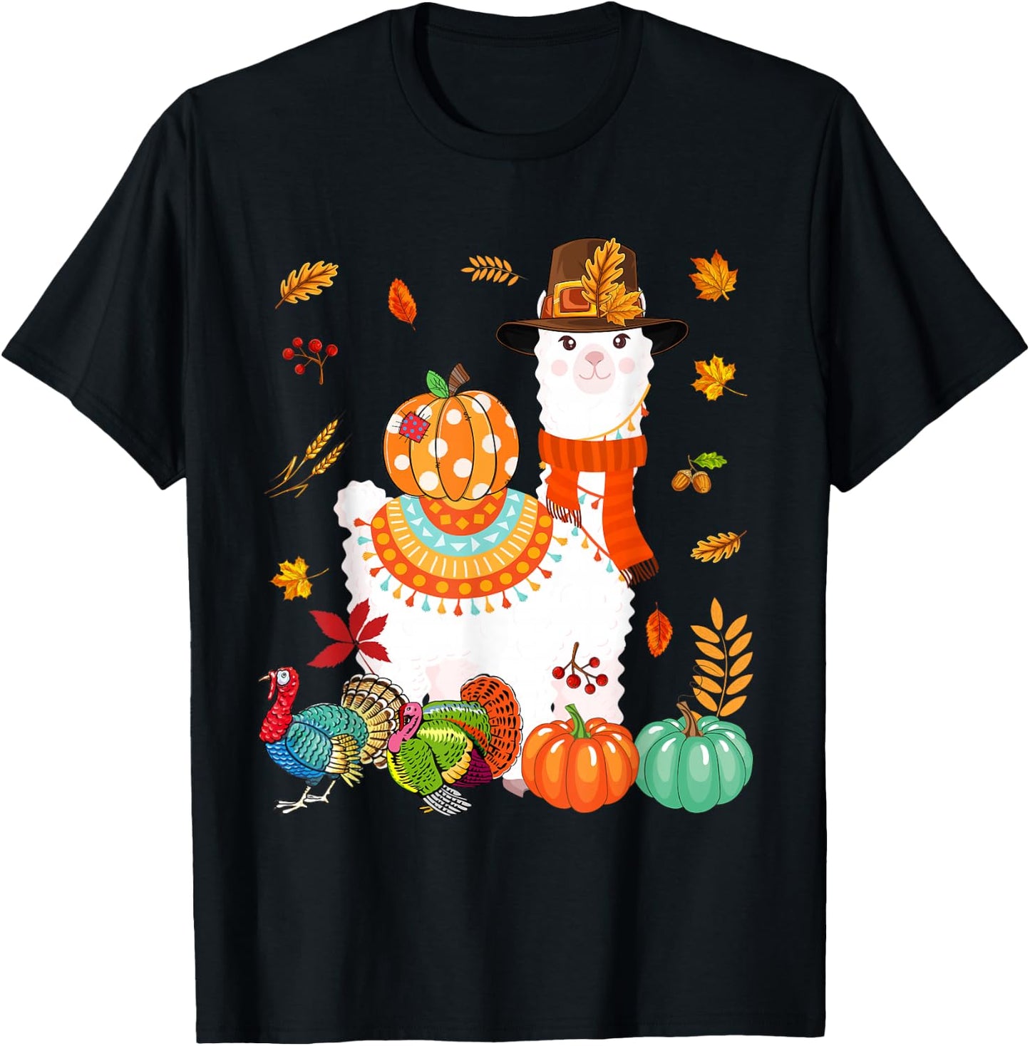 Thanksgiving Llama With Turkey Fall Pumpkins Lover Farmer T-Shirt - T-Shirt | Black
