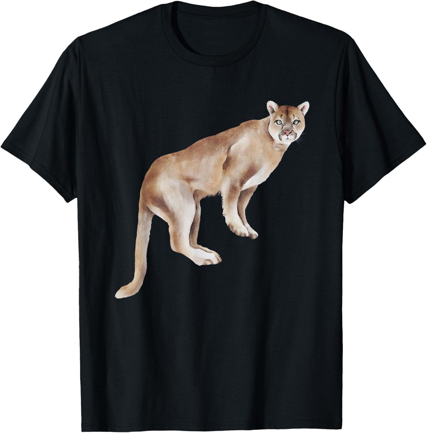 Watercolour Mountain Lion Animal Art Nature Wildlife Art T-Shirt - T-Shirt | Black