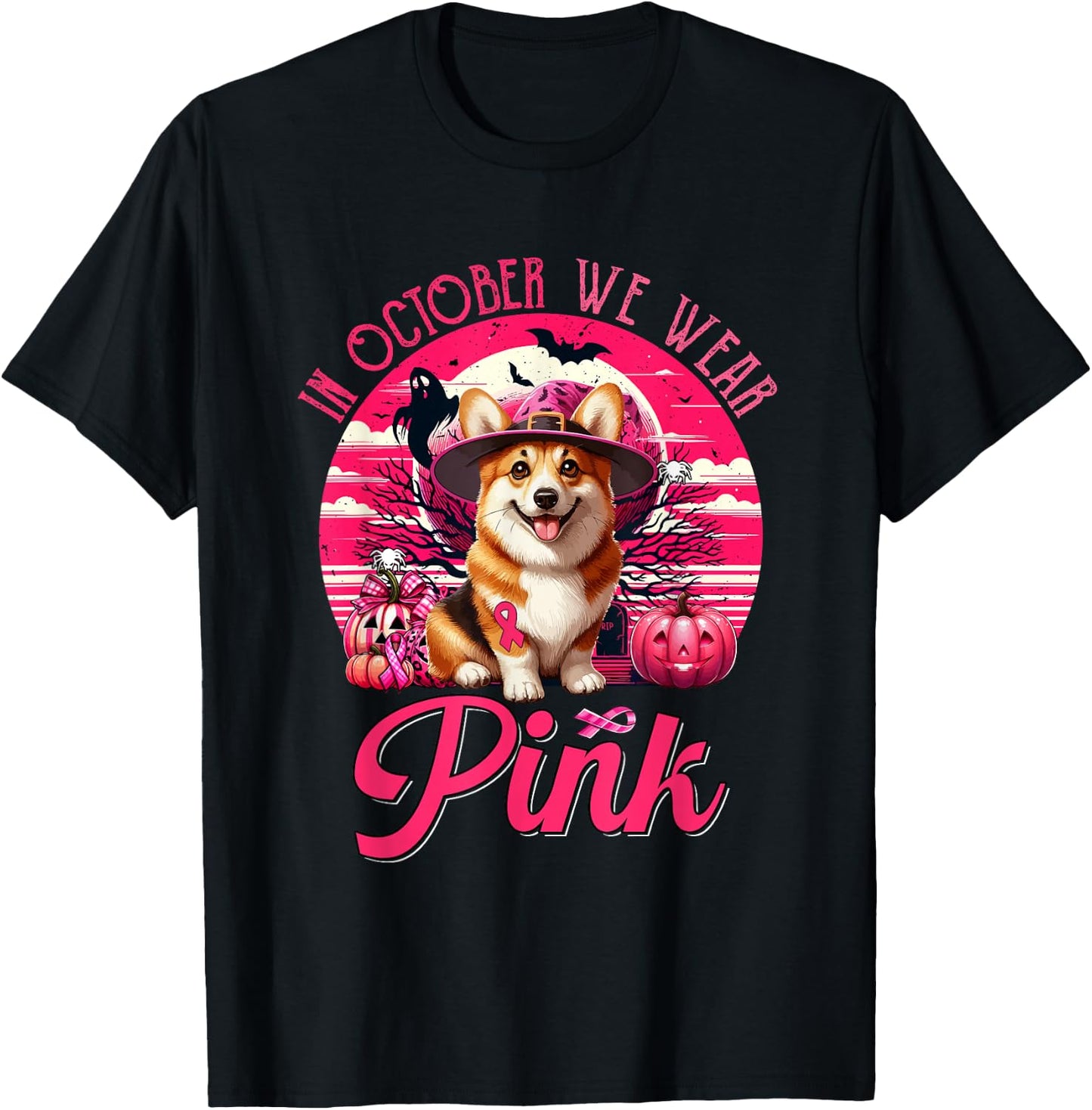 In October We Wear Pink Breast Cancer Awareness Corgi T-Shirt - T-Shirt | Black