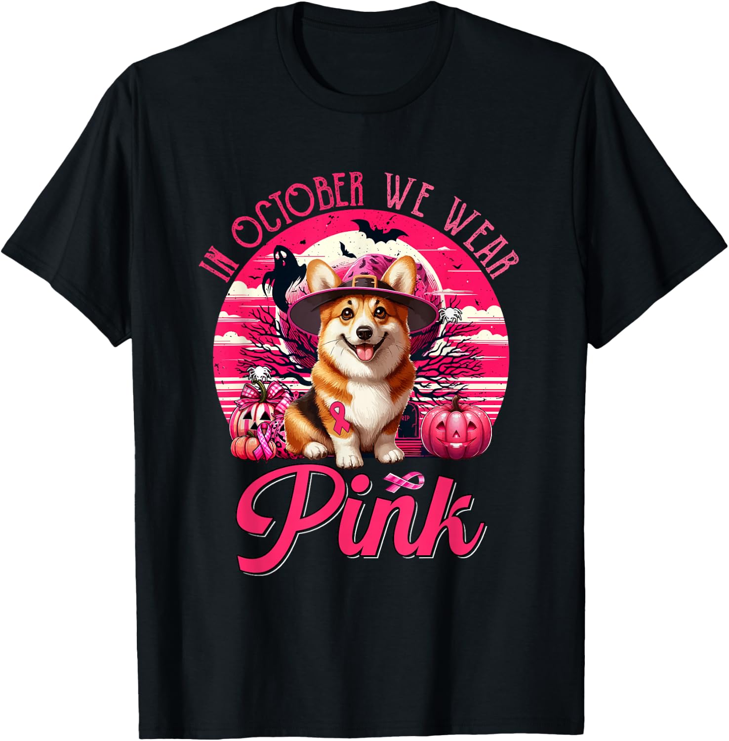 In October We Wear Pink Breast Cancer Awareness Corgi T-Shirt - T-Shirt | Black