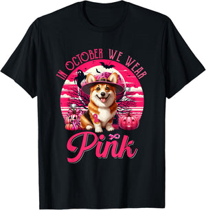 In October We Wear Pink Breast Cancer Awareness Corgi T-Shirt - T-Shirt | Black