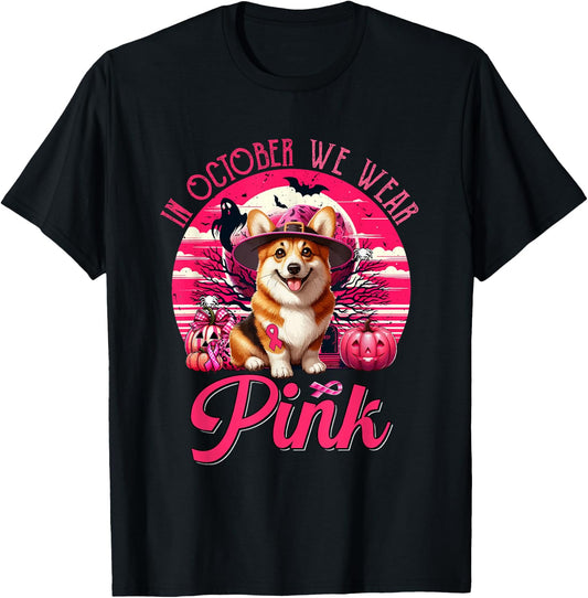 In October We Wear Pink Breast Cancer Awareness Corgi T-Shirt - T-Shirt | Black