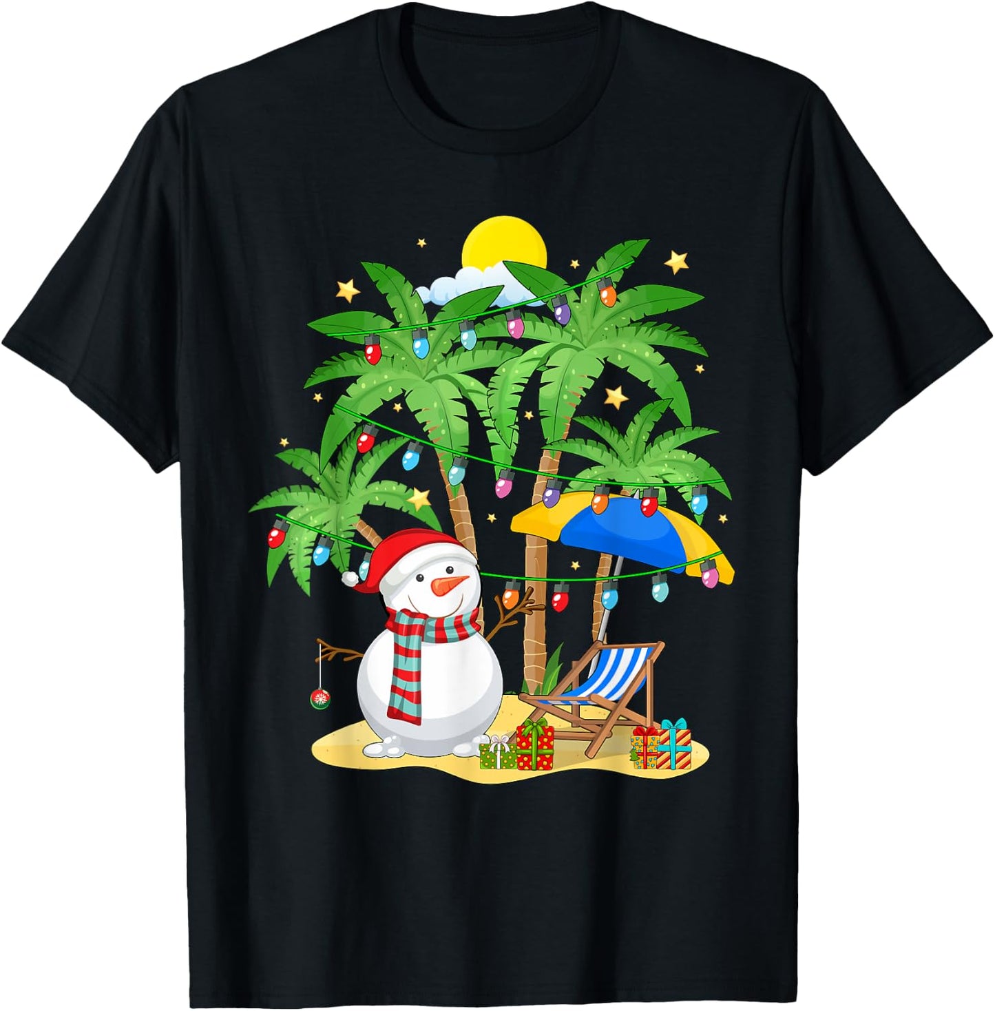 Christmas in July Snowman on Palm Tree Tropical Beach T-Shirt - T-Shirt | Black