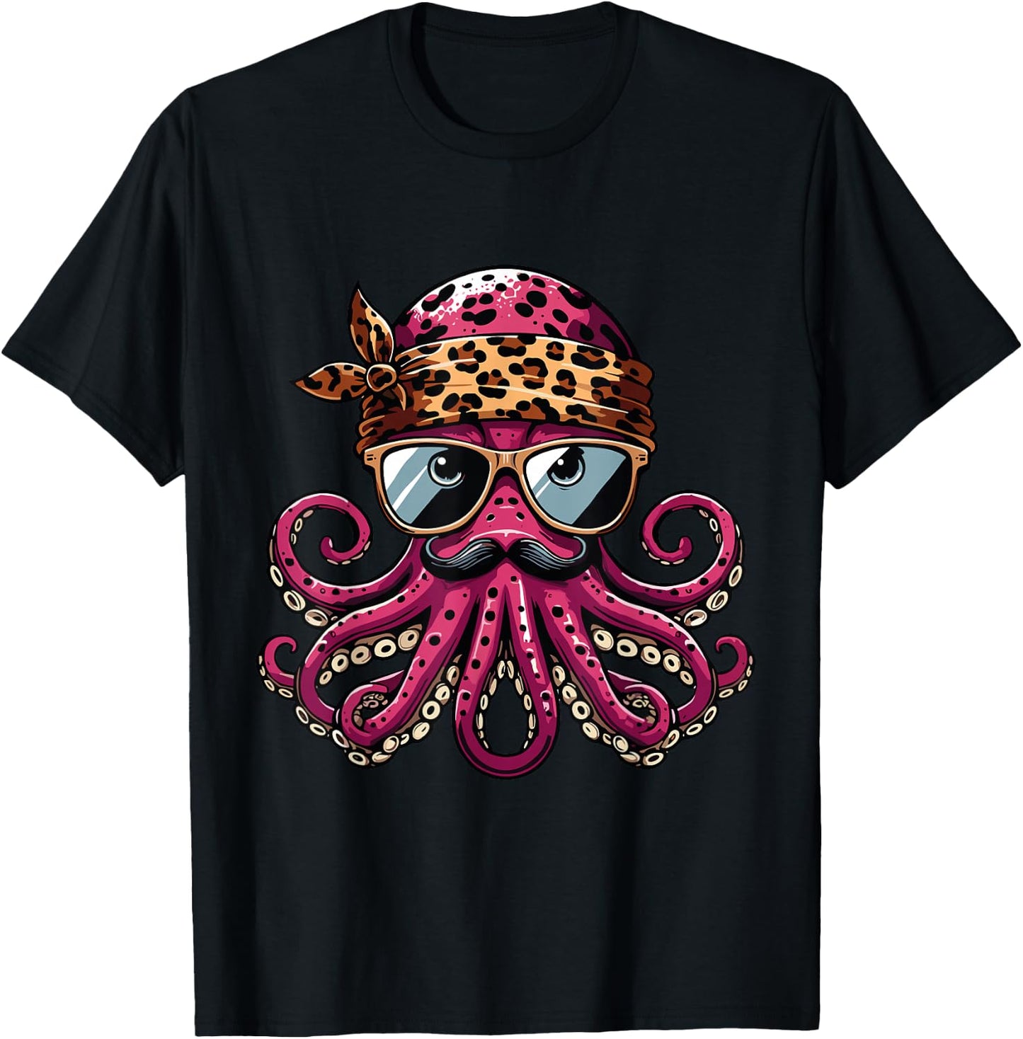 Octopus Wearing Leopard Print Scarf Cute Sunglasses Shades T-Shirt - T-Shirt | Black