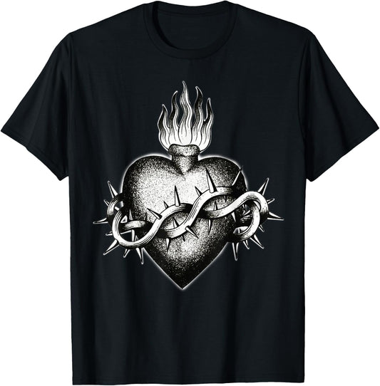 Sacred Flaming Heart Blackwork Tattoo Flash , Black, S T-Shirt - T-Shirt | Black