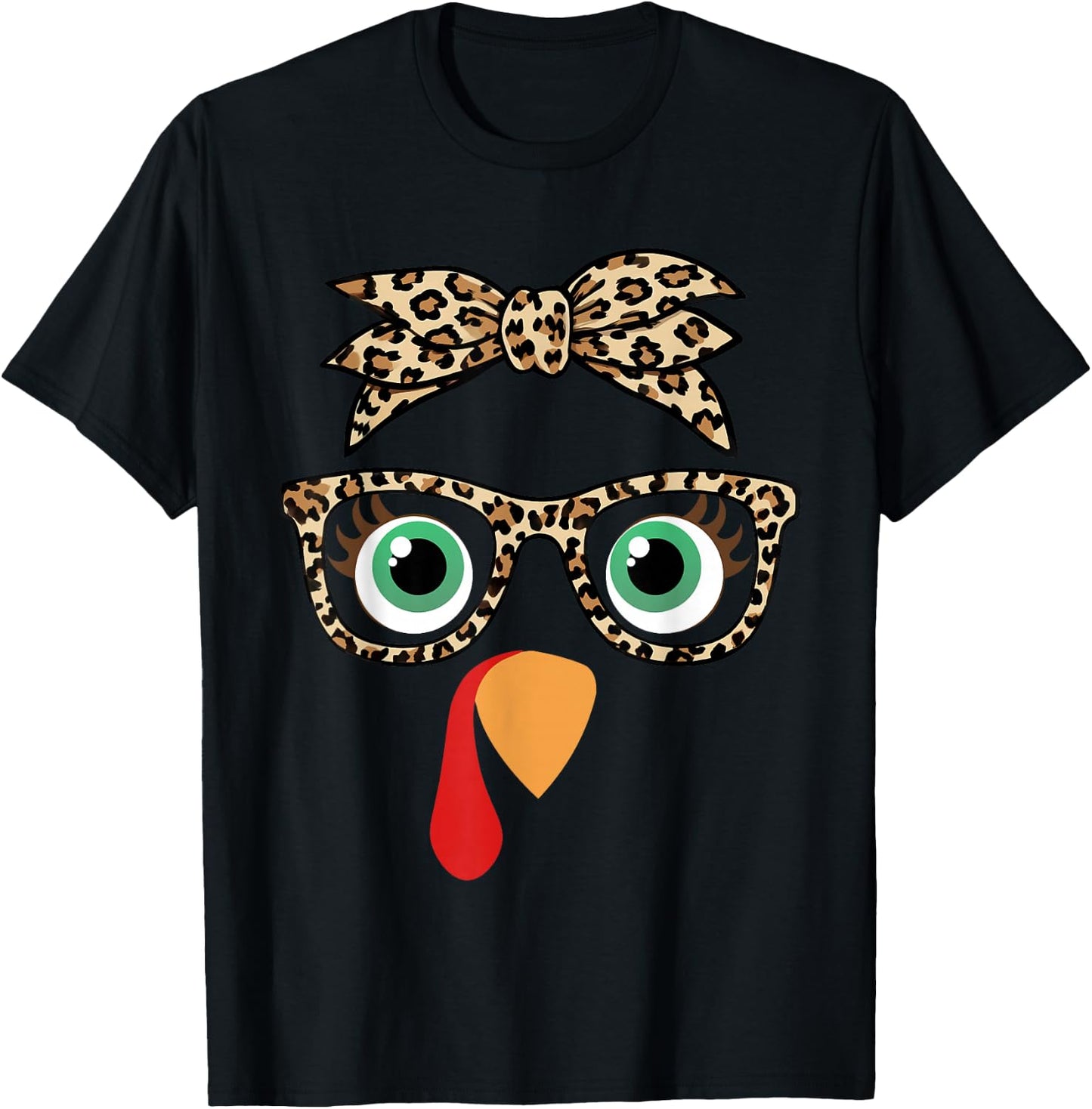 Thanksgiving Turkey Face Girl Leopard Bow And Glasses Women T-Shirt - T-Shirt | Black